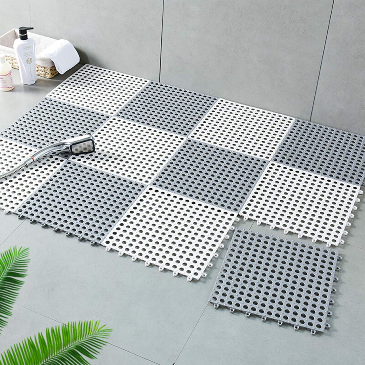 **50PCS Interlocking Rubber Floor Tiles with Drain Holes - Soft Cushion Non-Slip Mats for Bathroom, Shower, Pool, Deck, Patio & Garage - Massage Surface, Easy Installation (White & Gray)**    **Perfect for:** Wet areas, gym flooring, kids play zones, pet areas, and outdoor spaces.