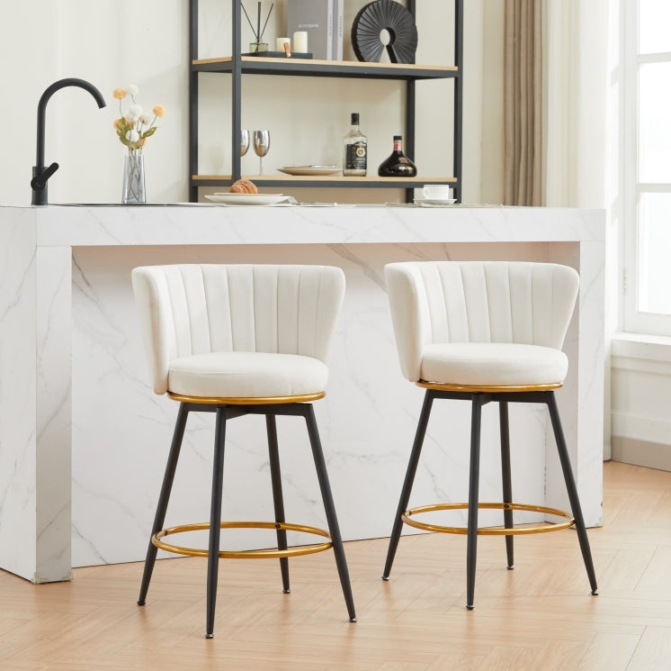 Set of 2 Counter Height Bar Stools - 360° Swivel Upholstered Barstools with Back Support & Sturdy Metal Legs, 26 Inch Seat Height, Soft Velvet Fabric, Gold Footrest - Perfect for Kitchen Islands, Breakfast Bars & Home Bars