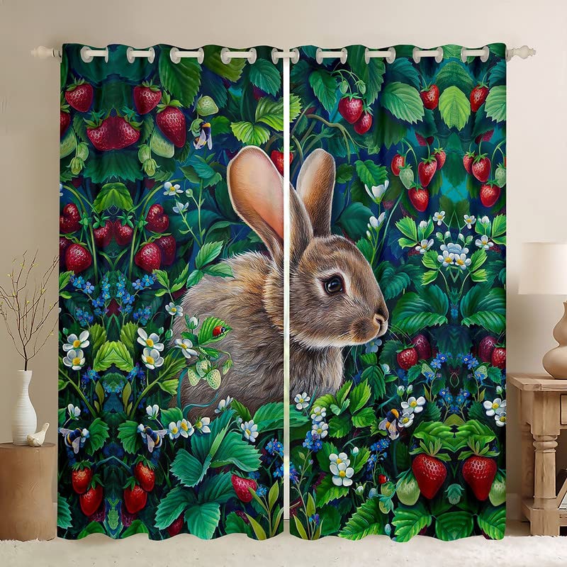 3D Cute Rabbit Window Curtains for Kids Teens Adults - Bunny Themed Blackout Drapes with Green Plants Floral Pattern (2 Panels 42x90 Inches) - Perfect for Nursery, Bedroom & Living Room Decor