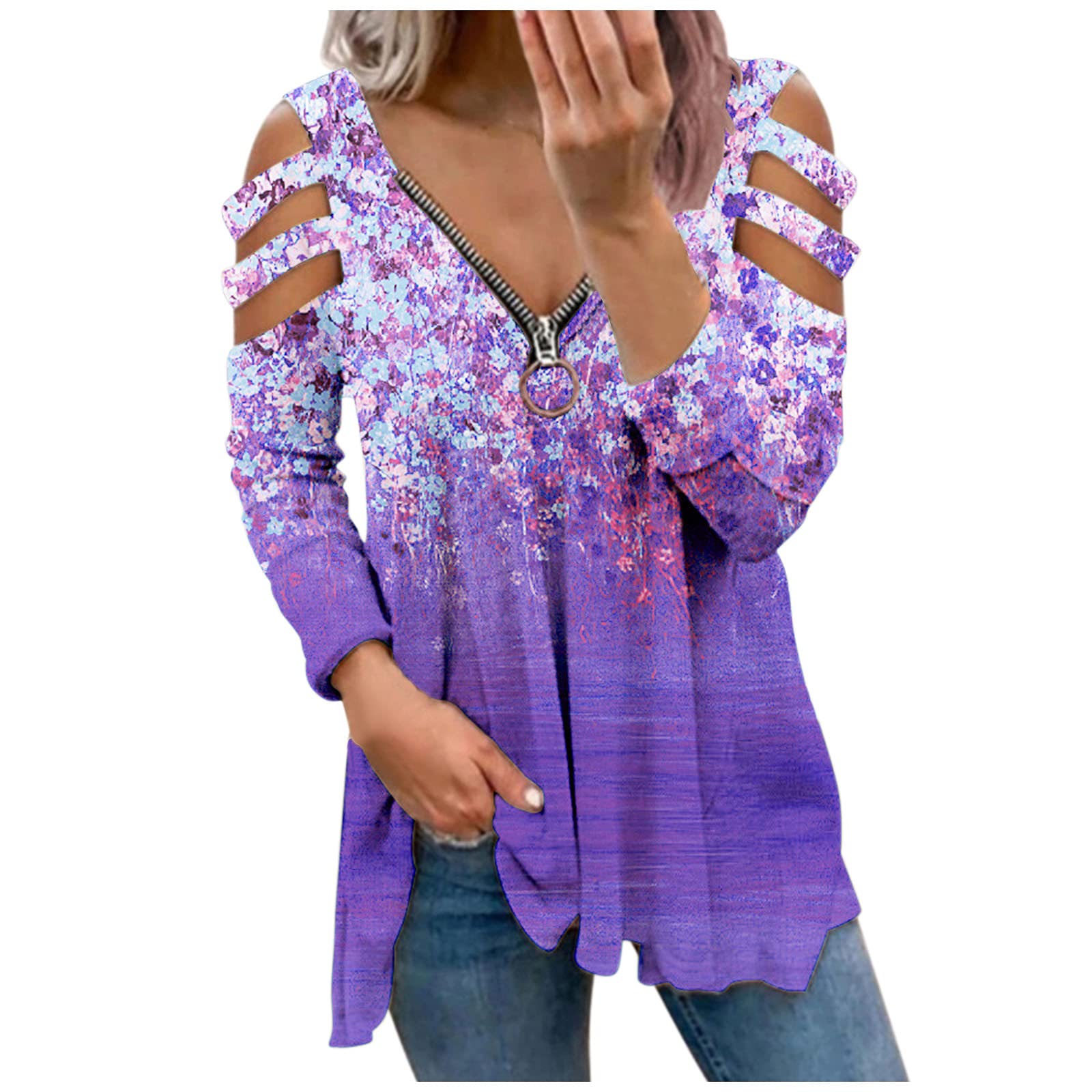 FABIURT Women's Cute Long Sleeve Graphic Tunic Top - Casual Blouse Hoodie for Leggings | Purple Fashion Tee for Teen Girls | Perfect for School, Dating & Weekend Outfits