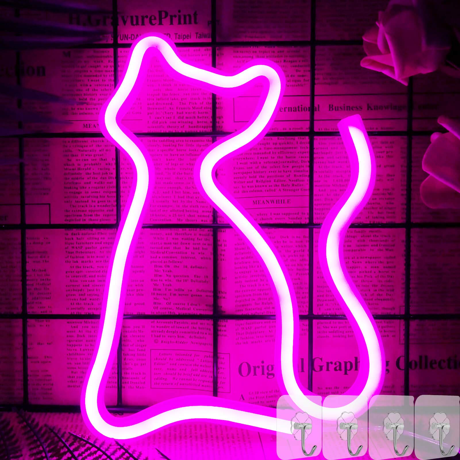 YIVIYAR Pink Cat LED Neon Light Sign - Wall Decor for Bedroom, Night Light, Unique Gift for Girls (Christmas, Birthday Party) | Perfect for Home Decor, Teen Room & Party Atmosphere
