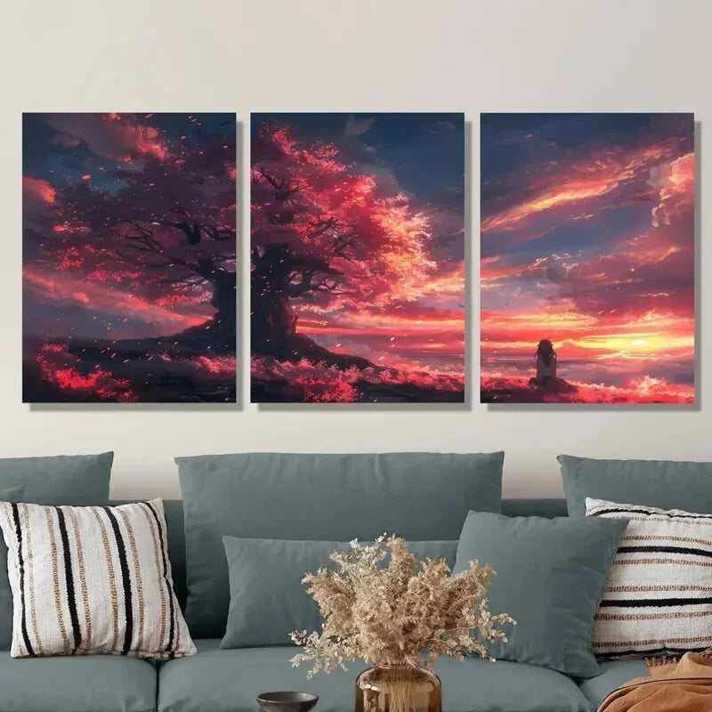 3-Piece Anime Girl Under Cherry Blossom Tree Metal Wall Art Prints - Ready to Hang Home Decor for Living Room, Bedroom & Office