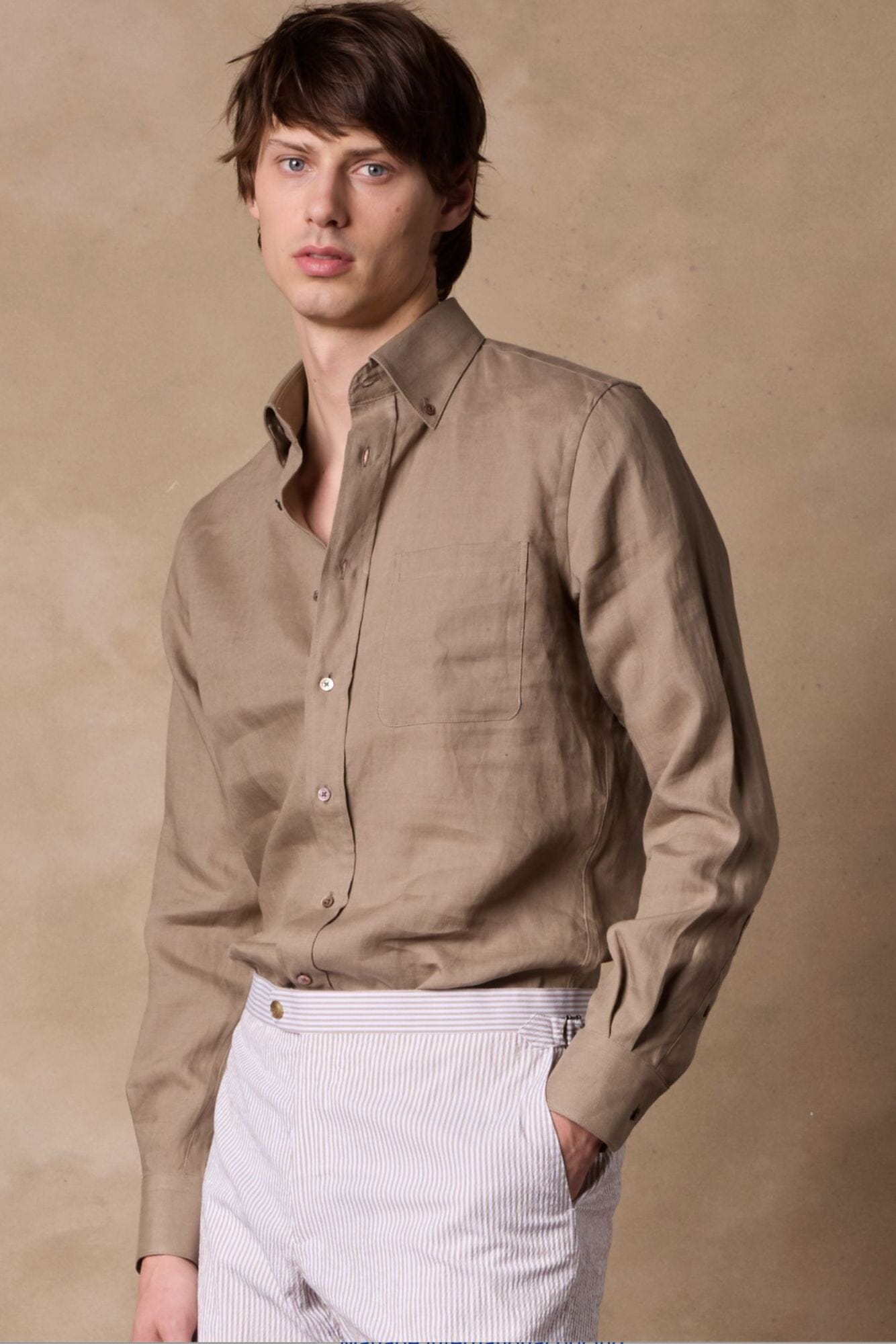 London Button Down Shirt - Light Brown Linen Men's Casual Dress Shirt | Office Wear, Business Casual & Summer Outfits