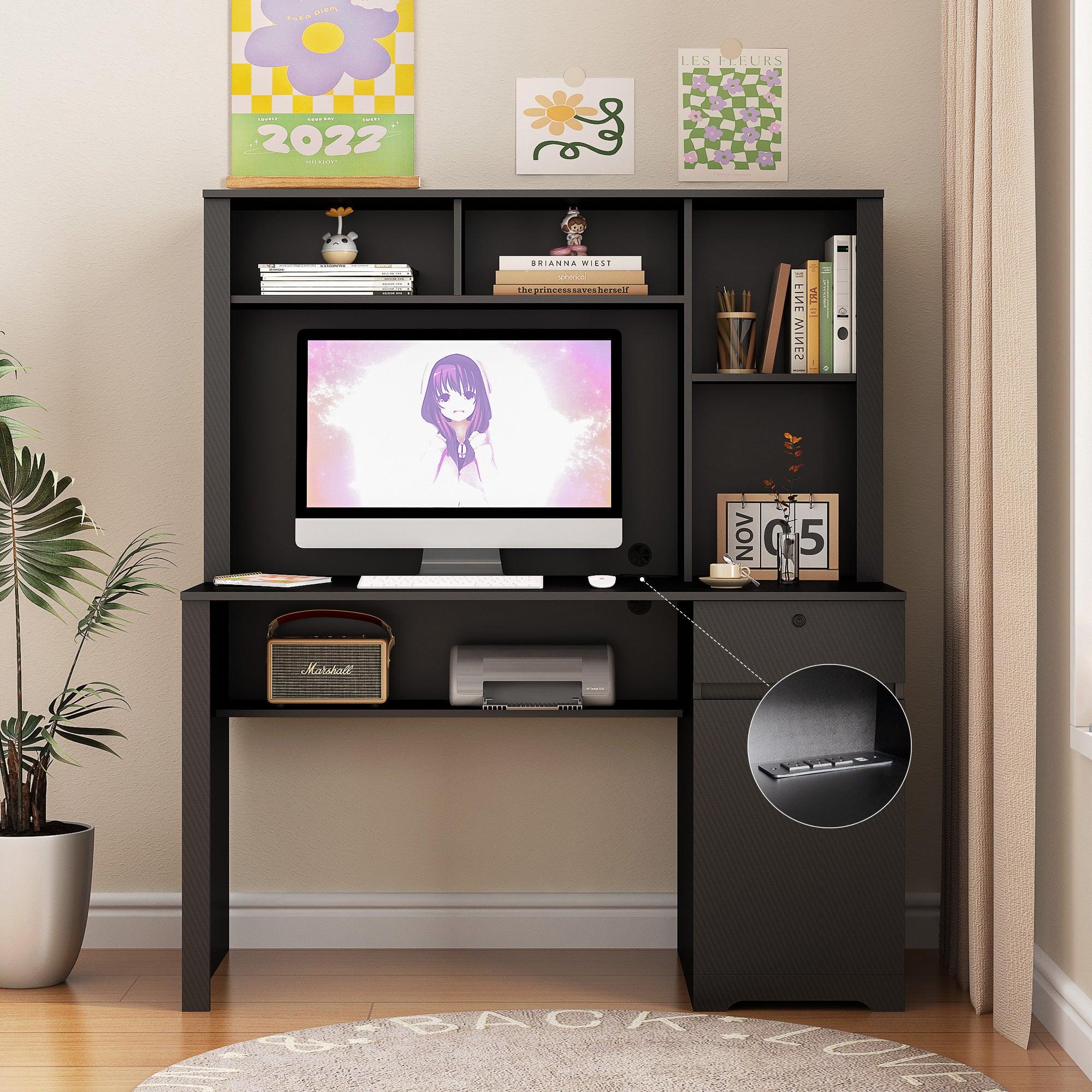 Wooden Computer Desk with Hutch & Bookshelf - Home Office Desk with Drawers, 3 AC Outlets & 2 USB Ports - Executive Desk for Teens, Students & Professionals - Perfect for Study, Work & Remote Learning (Black)