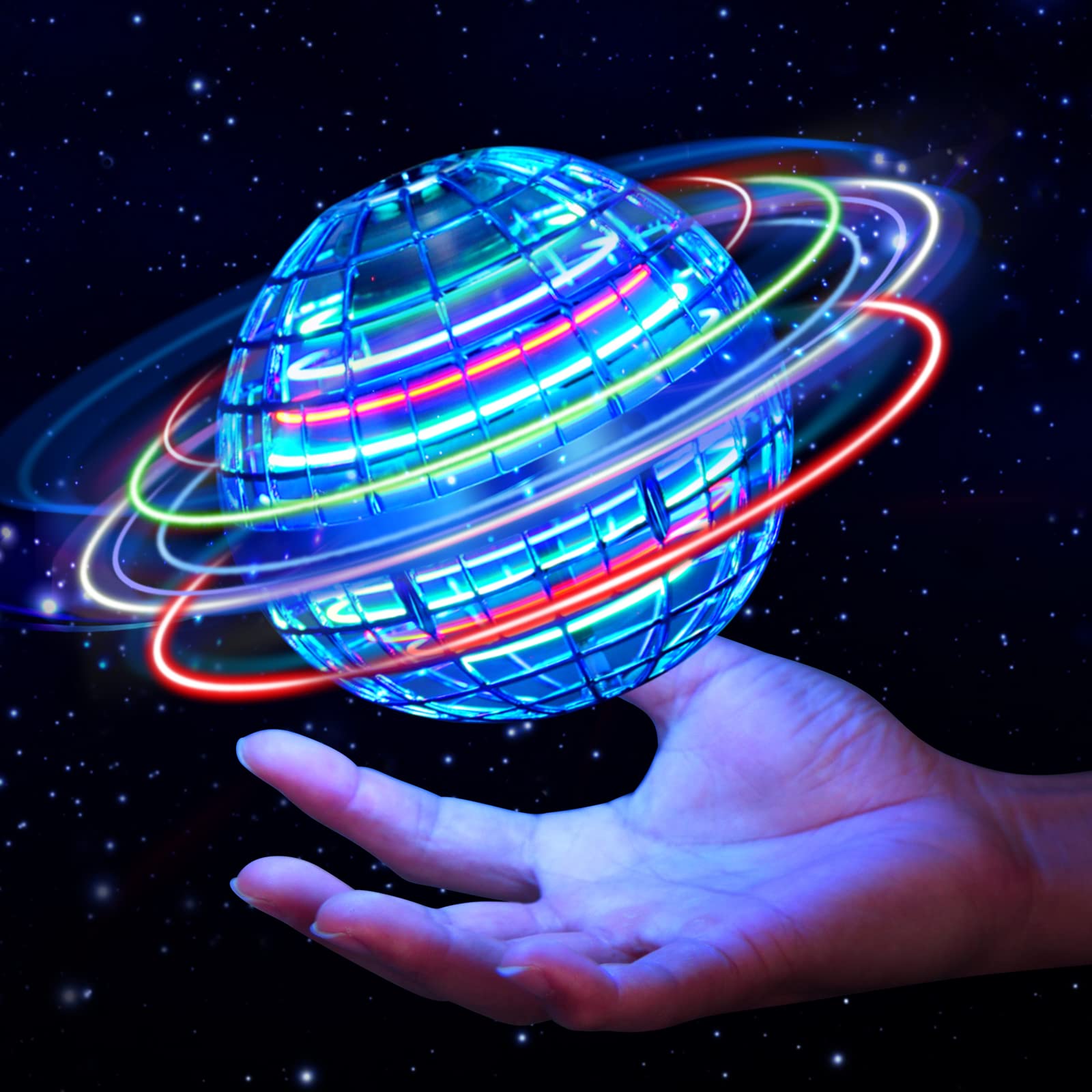 360° Rotating LED Hover Ball Toy - Magic Flying Orb with Nebula Lights, Floating Space Ball for Kids & Adults - Perfect for Indoor/Outdoor Play, Parties & Stress Relief (Blue)