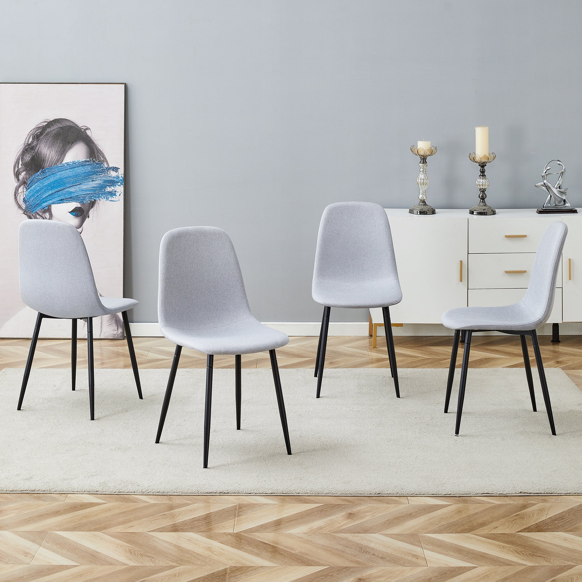 Comfortable Linen Cotton Dining Chair Set of 4 - Light Gray Modern Upholstered Chairs with Integrated Seat & Backrest for Kitchen, Dining Room & Home Decor