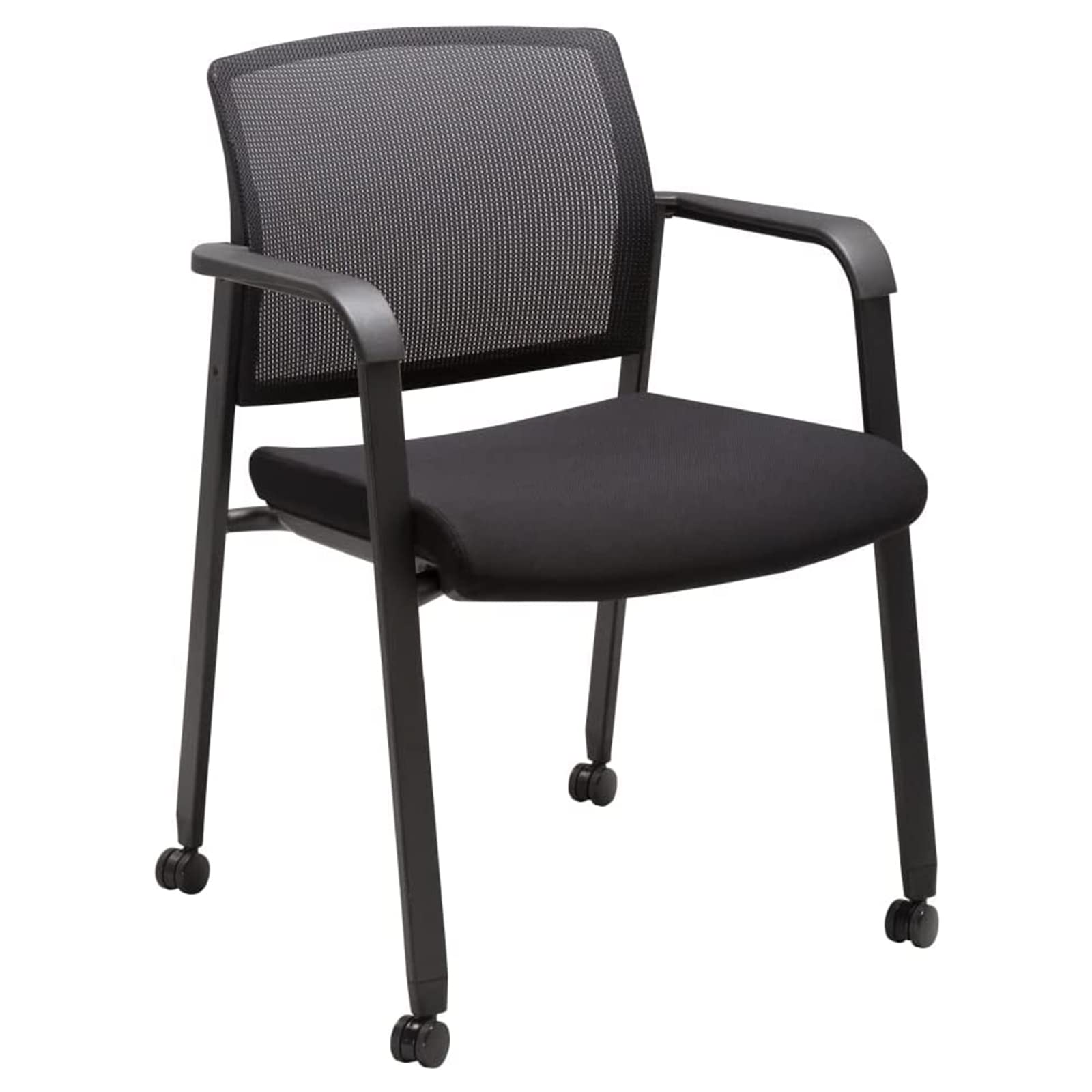 CLATINA Mesh Back Guest Reception Arm Chair with Wheels - Upholstered Fabric Seat, Ergonomic Office Chair for Home, School, Church, Studio & Hospital - Stackable Design, 1 Pack Black - Perfect for Conference Rooms, Waiting Areas & Workspaces