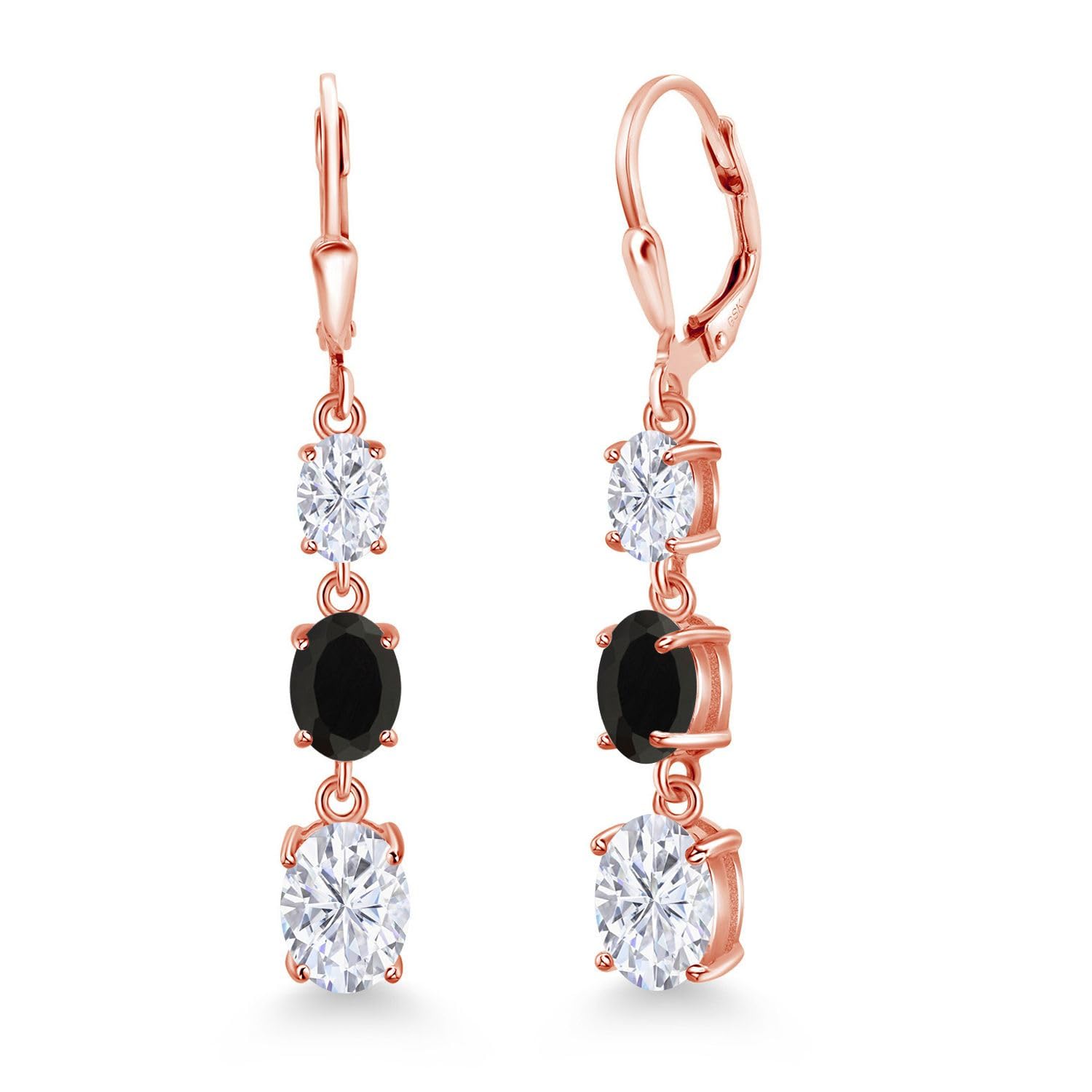 18K Rose Gold Plated Silver White Moissanite 3 Stone Dangle Earrings for Women - 5.40 Cttw, Oval Cut 8x6mm, 7x5mm & 6x4mm, Birthstone Jewelry - Perfect for Weddings, Anniversaries & Special Occasions