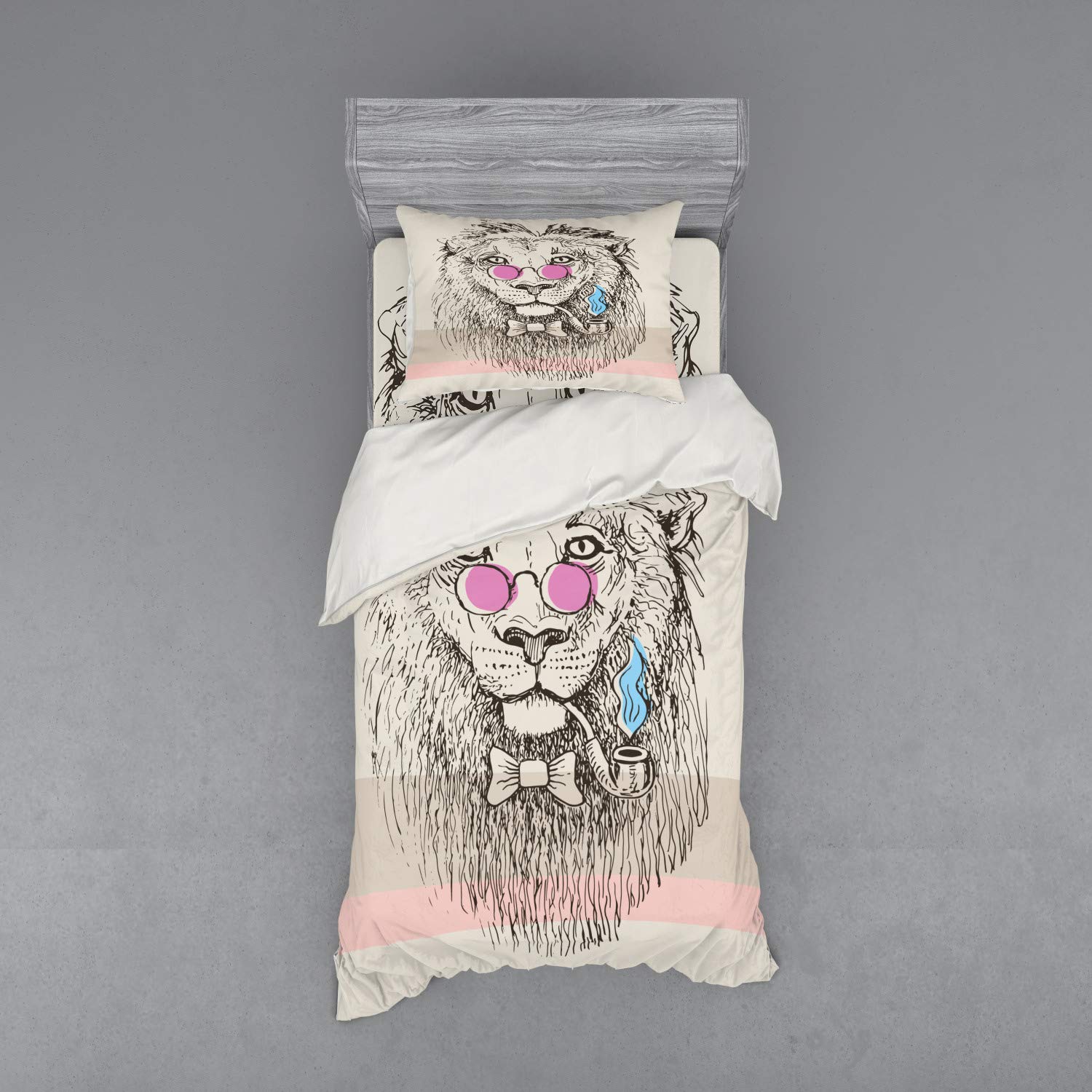 Ambesonne Animal Duvet Cover Set - Majestic Lion Head with Hipster Glasses Sketch Print | 3-Piece Twin Size Bedding Set (Duvet Cover + Sham + Fitted Sheet) in Pale Blue & Pink | Perfect for Kids' Rooms, Teen Bedrooms & Unique Home Decor
