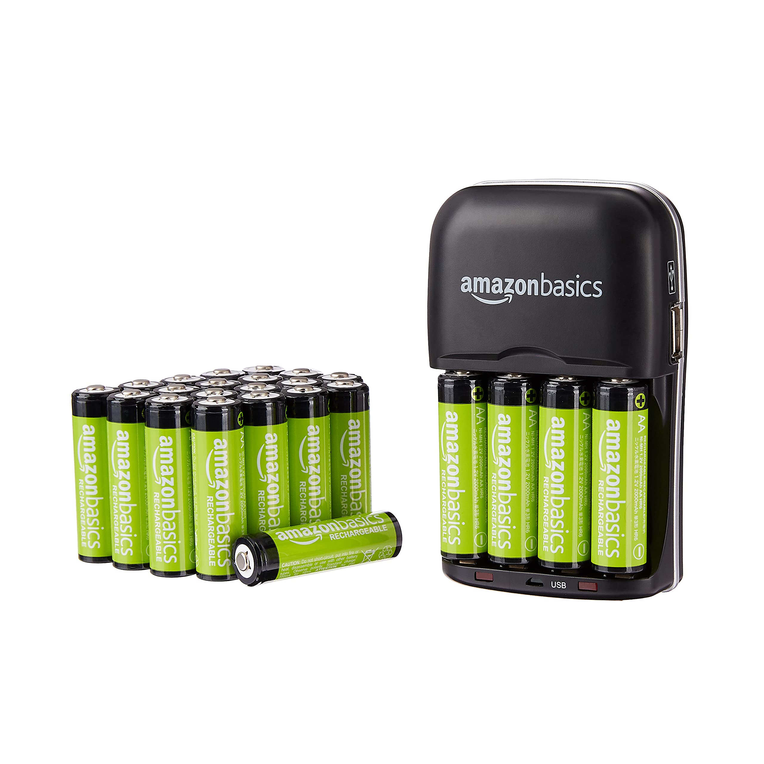 Amazon Basics 24 Pack AA High-Capacity 2000mAh Rechargeable Batteries with 4-Hour Fast Charger - Overcharge Protection, Pre-Charged - Perfect for Cameras, Toys, Remote Controls & Electronic Devices