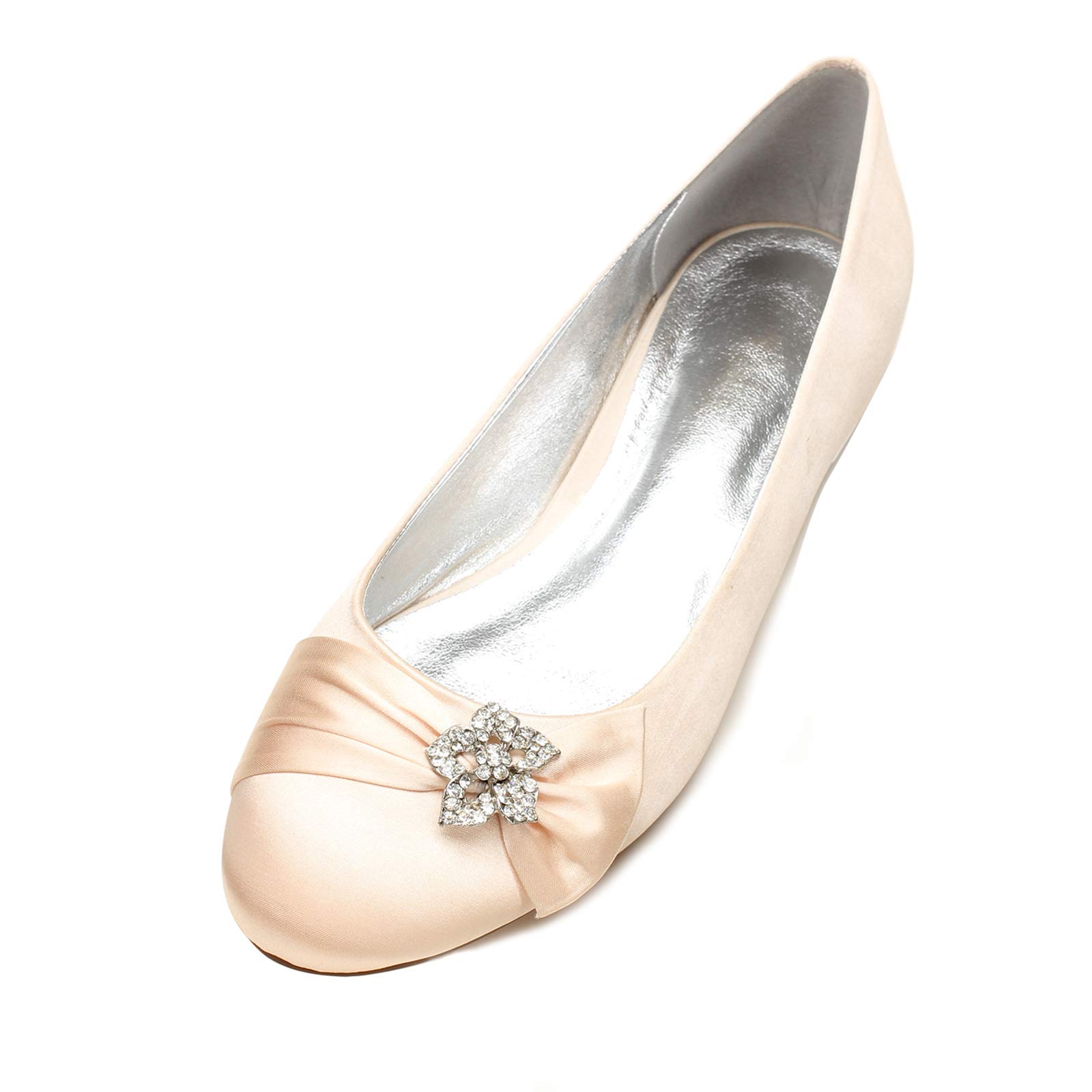 Women's Wedding Satin Pumps - Elegant Flat Bridal Slip-On Shoes with Rhinestone Decorations | Perfect for Bridal Party, Ballerina Dance, and Formal Occasions