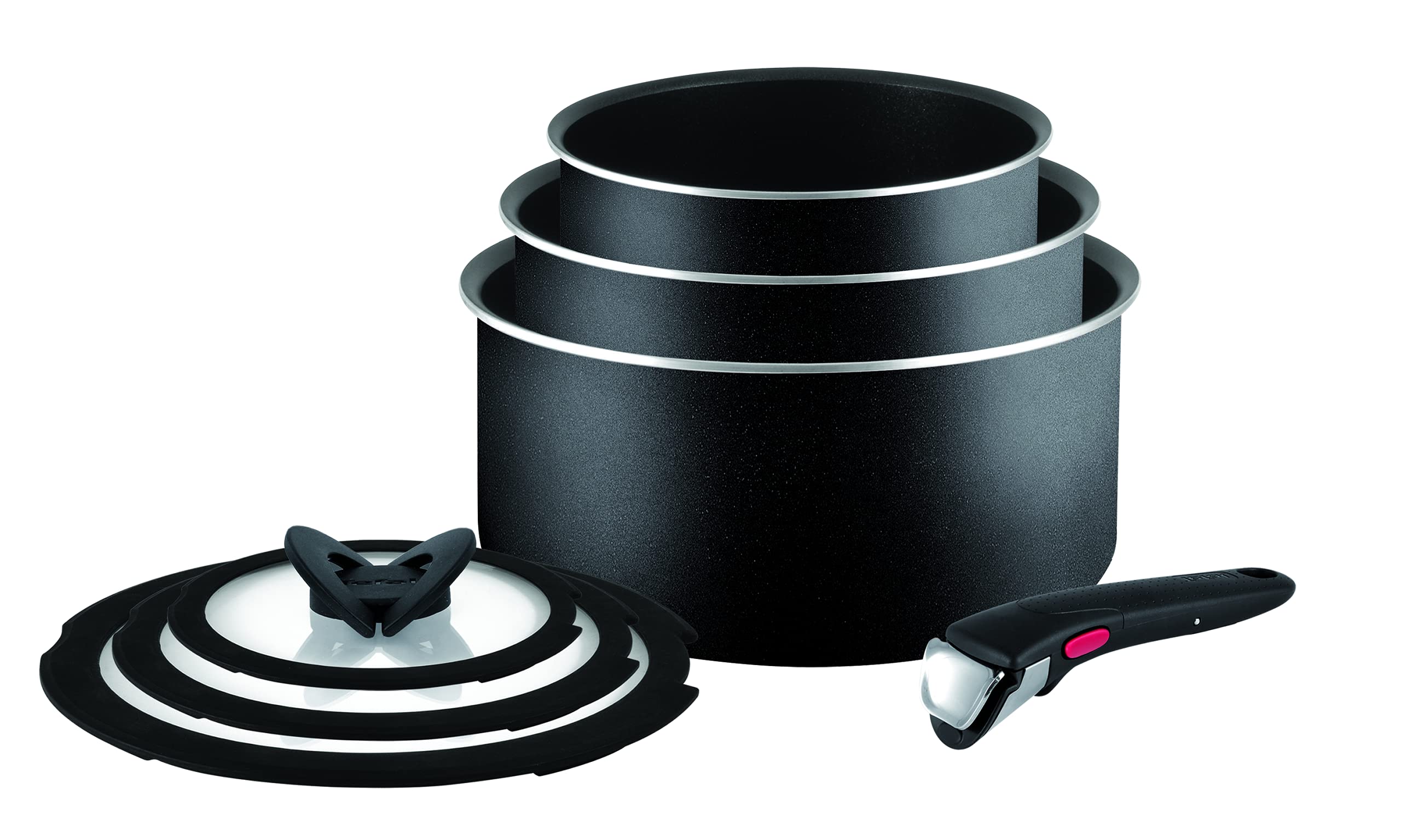 Tefal Ingenio Essential 7-Piece Nonstick Saucepan Set with Glass Lids - Black Cookware for Induction & Gas Stoves - Perfect for Boiling, Steaming & Everyday Cooking