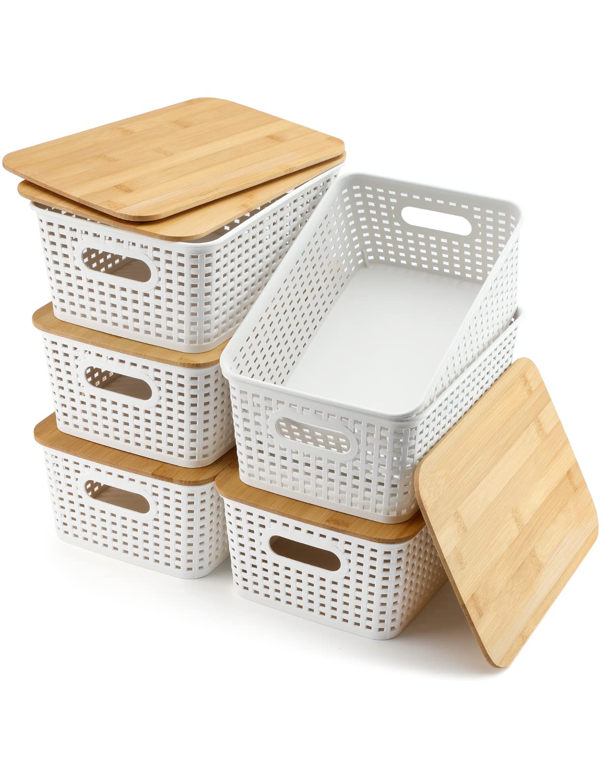 6-Pack White Storage Bins with Bamboo Lids - for Pantry, Shelves & Home Organization