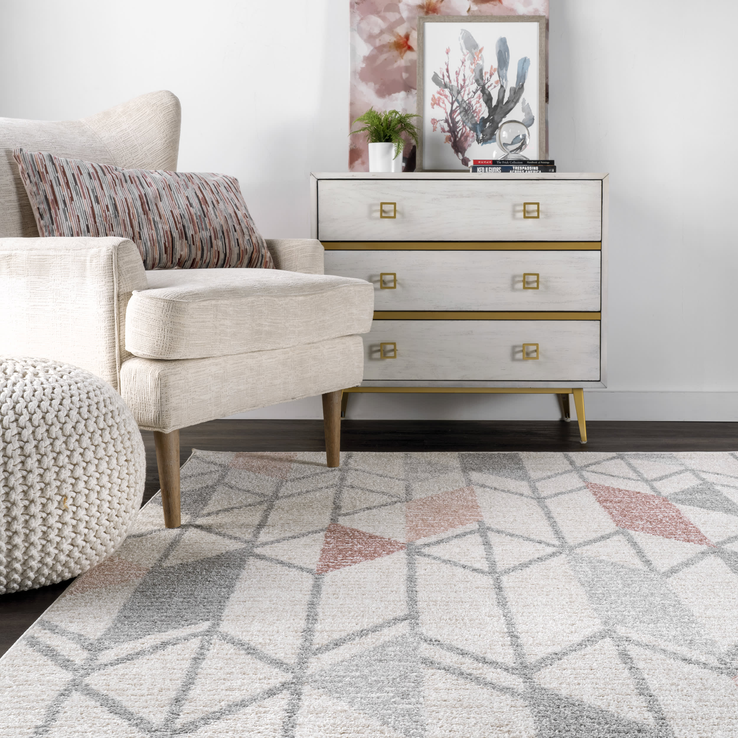 Modern Cubist Trellis Area Rug - Beige Geometric Design Non-Slip Living Room Carpet for Home Decor & Office Spaces