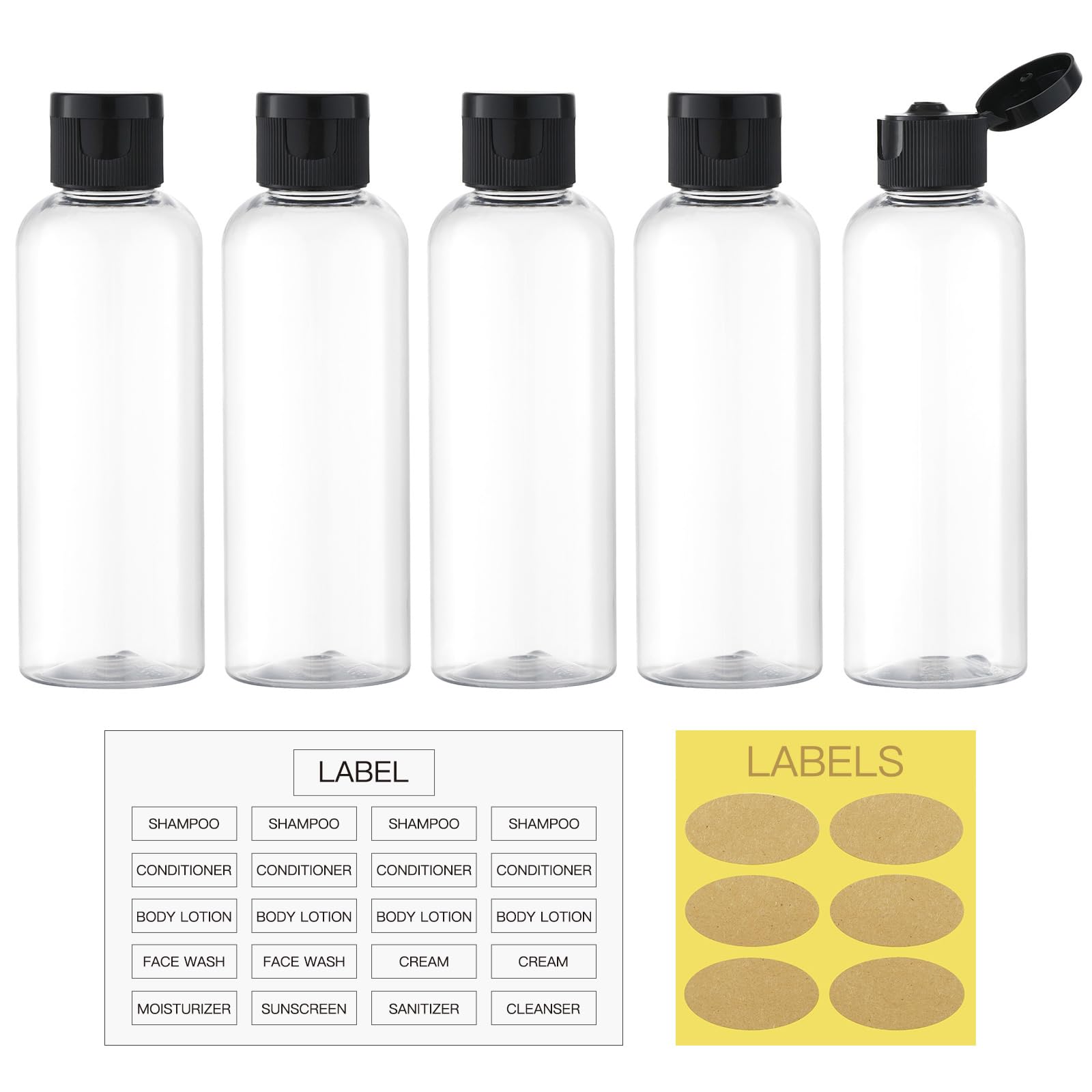LISAPACK 3.4 oz (100ml) TSA Approved Travel Bottles Set - 5pcs Leak-Proof Clear Plastic Toiletry Containers for Shampoo, Lotion & Cosmetics | Perfect for Air Travel, Gym & Vacation Essentials