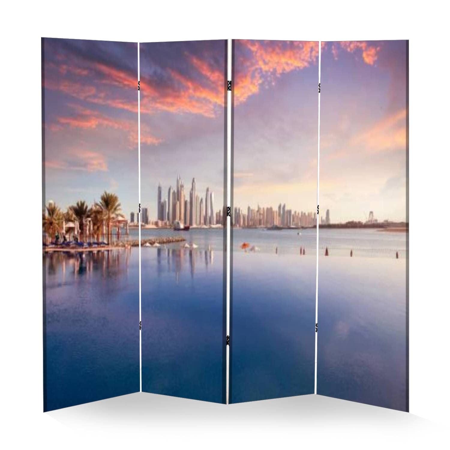 4 Panel Room Divider - Sunset Marina Skyline with Orange & Blue Sky - Freestanding Privacy Folding Screen for Home, Office, or Event - Portable Wall Divider & Space Separator for Bedroom, Living Room, and Studio