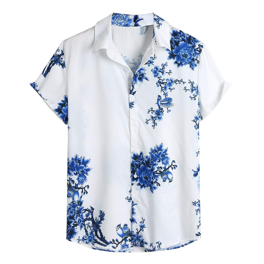QWENTMTNTY Men's Linen Shirt - Short Sleeve Turn-Down Collar Loose Fit Casual Blouse with Printed Chest Design | Perfect for Summer Outings, Beach Wear & Relaxed Office Style