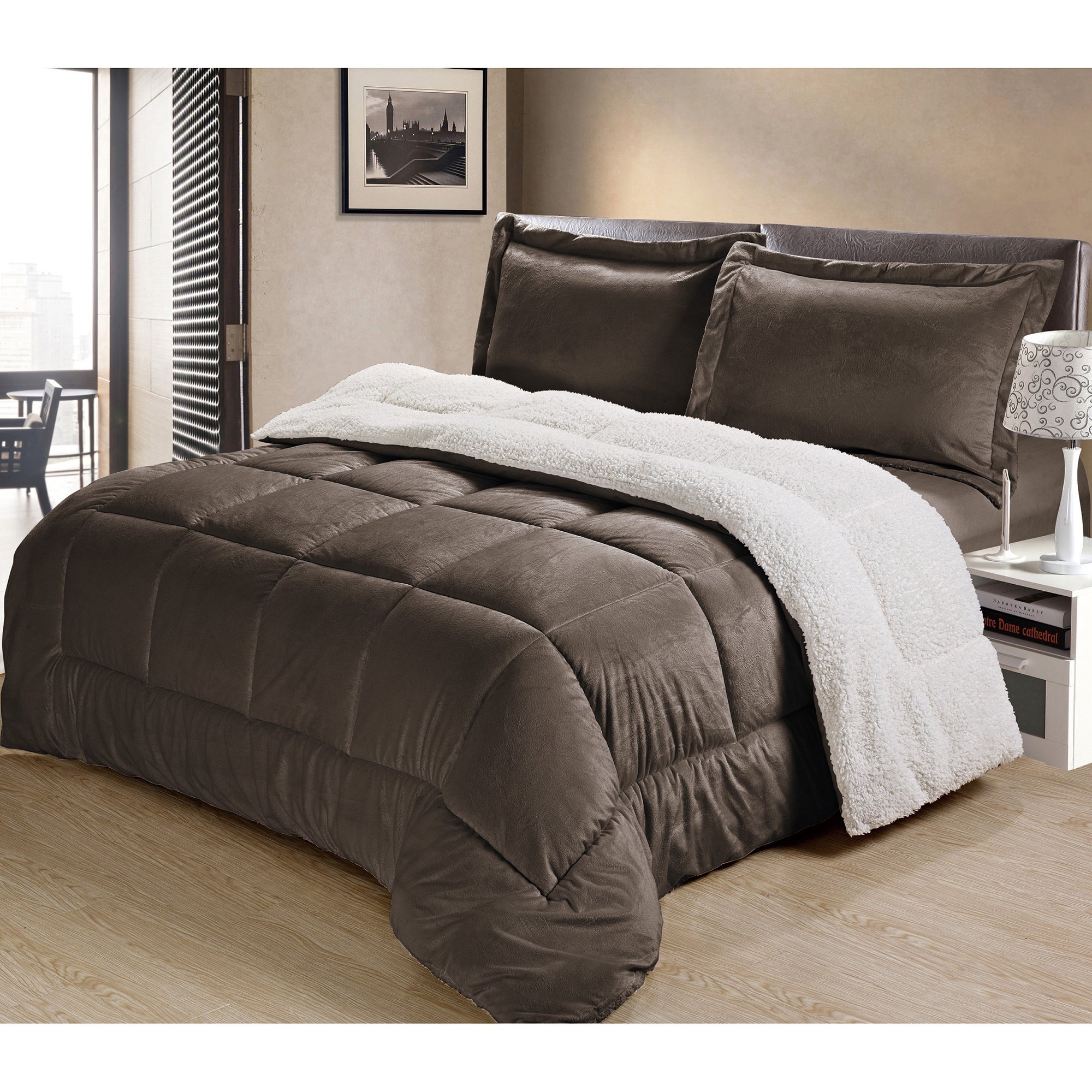 3 Piece Full Chocolate Comforter Set - Faux Suede & Reversible Sherpa Back - Baffle-Box Stitch Ultra Plush Microfiber Bedding - Soft Machine Washable Dark Brown Comforter for Modern Master Bedroom - Perfect for Cozy Winter Nights & Luxurious Hotel-Style Bedroom Decor