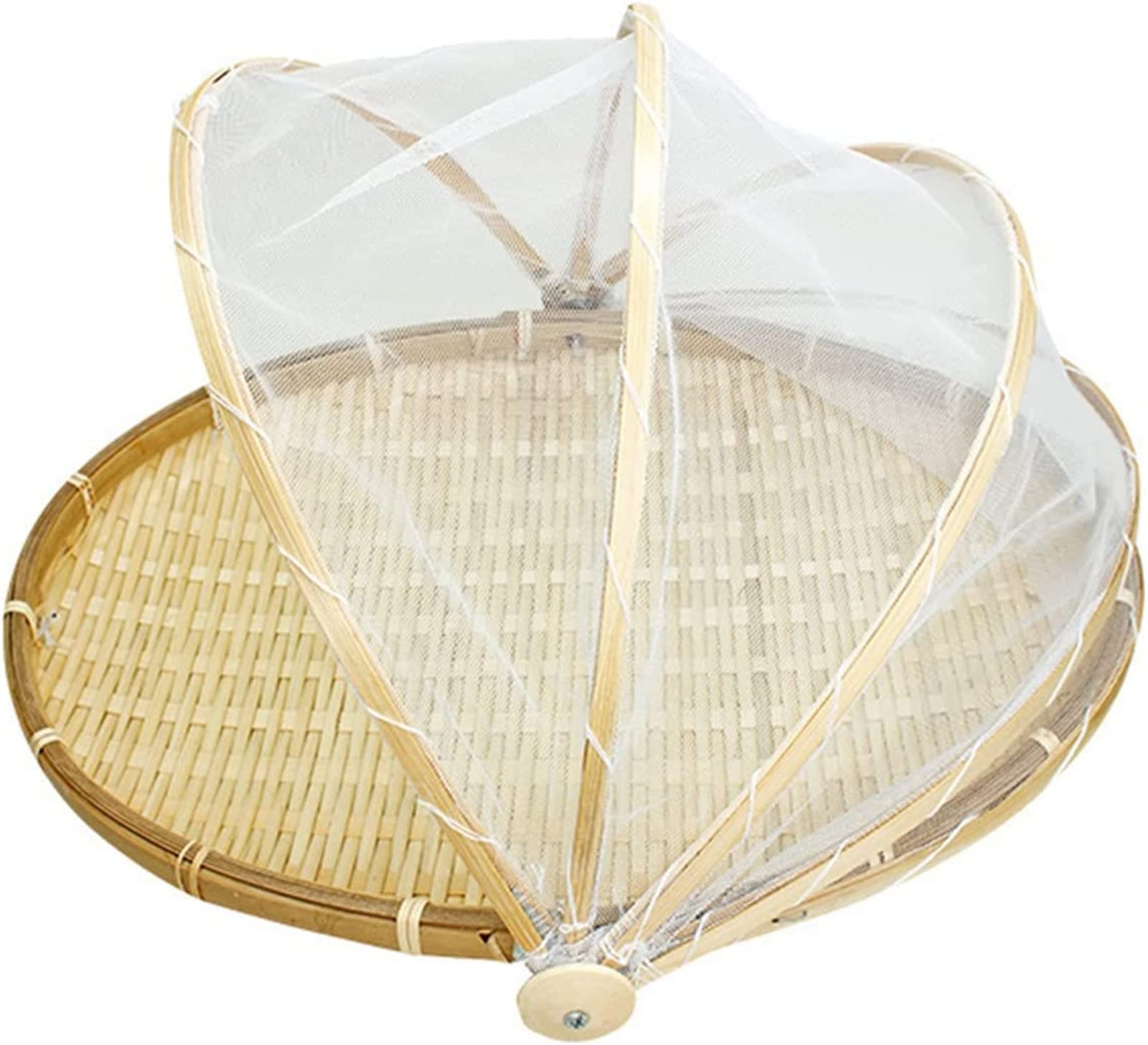 MOEZA Hand-Woven Bamboo Food Cover Basket with Mesh Gauze Lid - 11.8 Inch Round Dustproof Picnic Serving Basket for Fruits, Bread & Outdoor Dining | Perfect for Picnics, BBQs, and Kitchen Storage