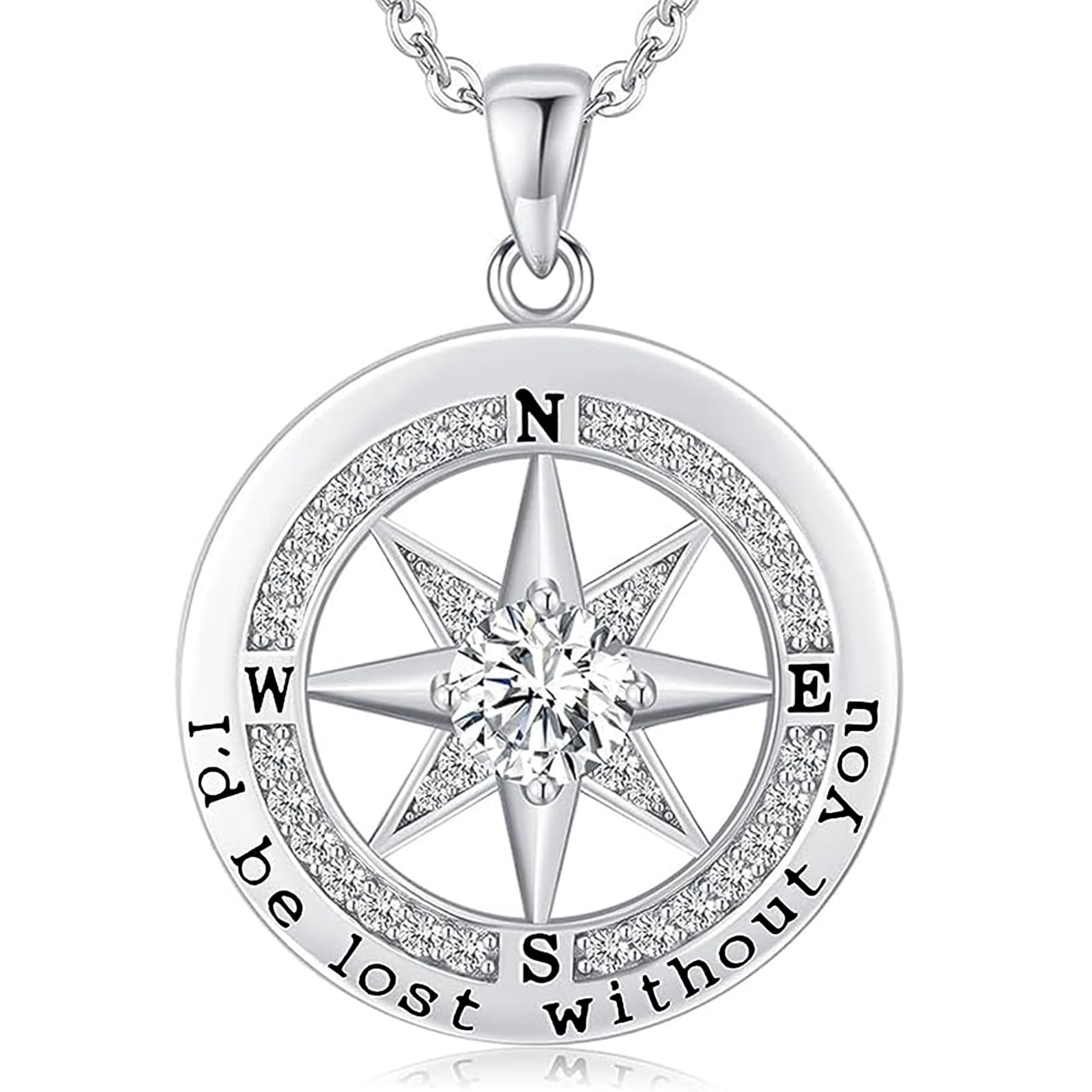 Beautiful Sterling Silver Compass Necklace for Women - Romantic Anniversary, Birthday, Christmas, Valentine's Day & Mother's Day Gift for Wife, Girlfriend or Mom - 'I'd Be Lost Without You' Engraved Jewelry - Perfect for Travel Lovers & Outdoor Adventures