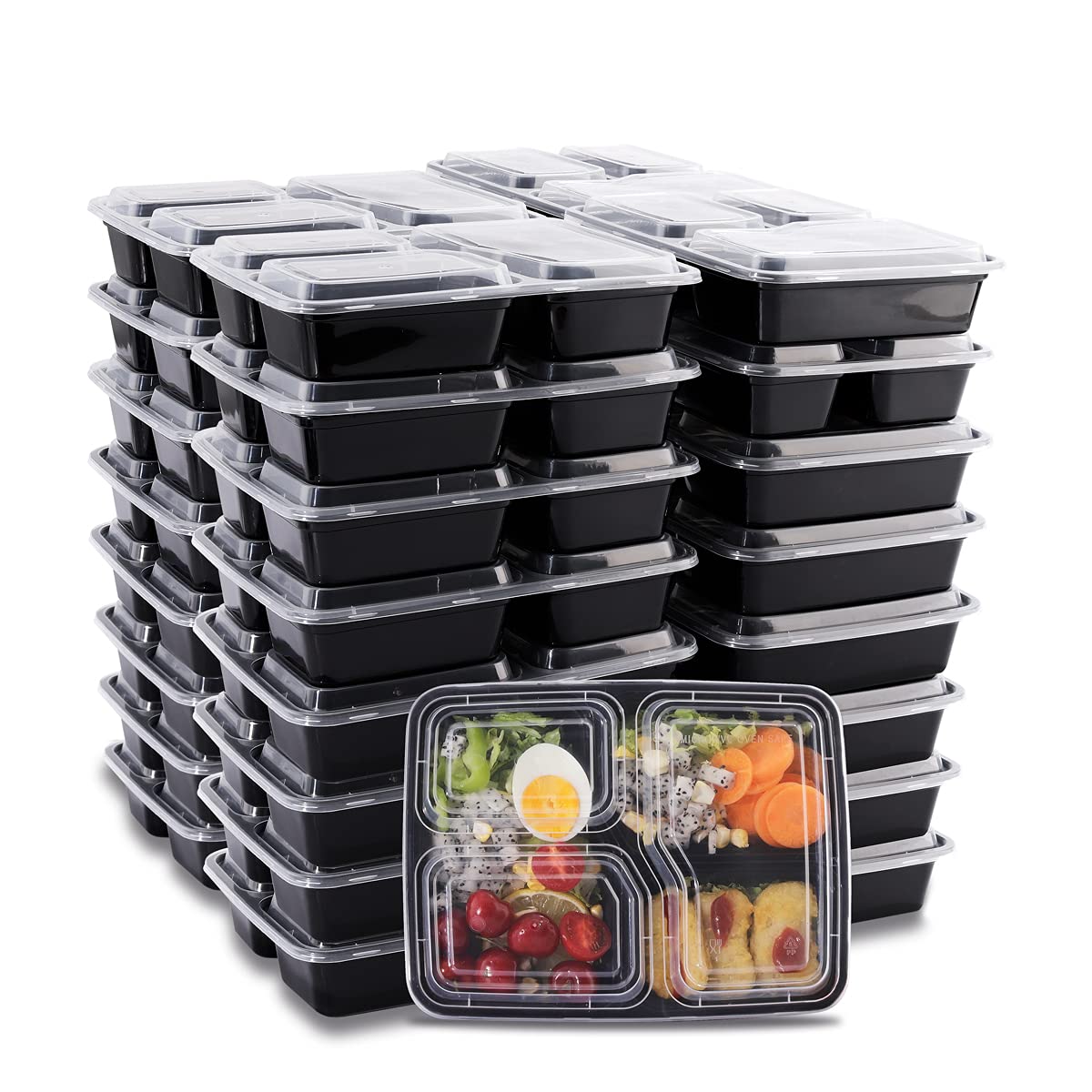 48-Pack 3-Compartment Meal Prep Containers with Lids – Bento Box, Microwave & Dishwasher Safe Food Storage – Stackable, Reusable for Meal Prepping, Takeout & Leftovers – Perfect for Office Lunches, Picnics & Food Delivery Services