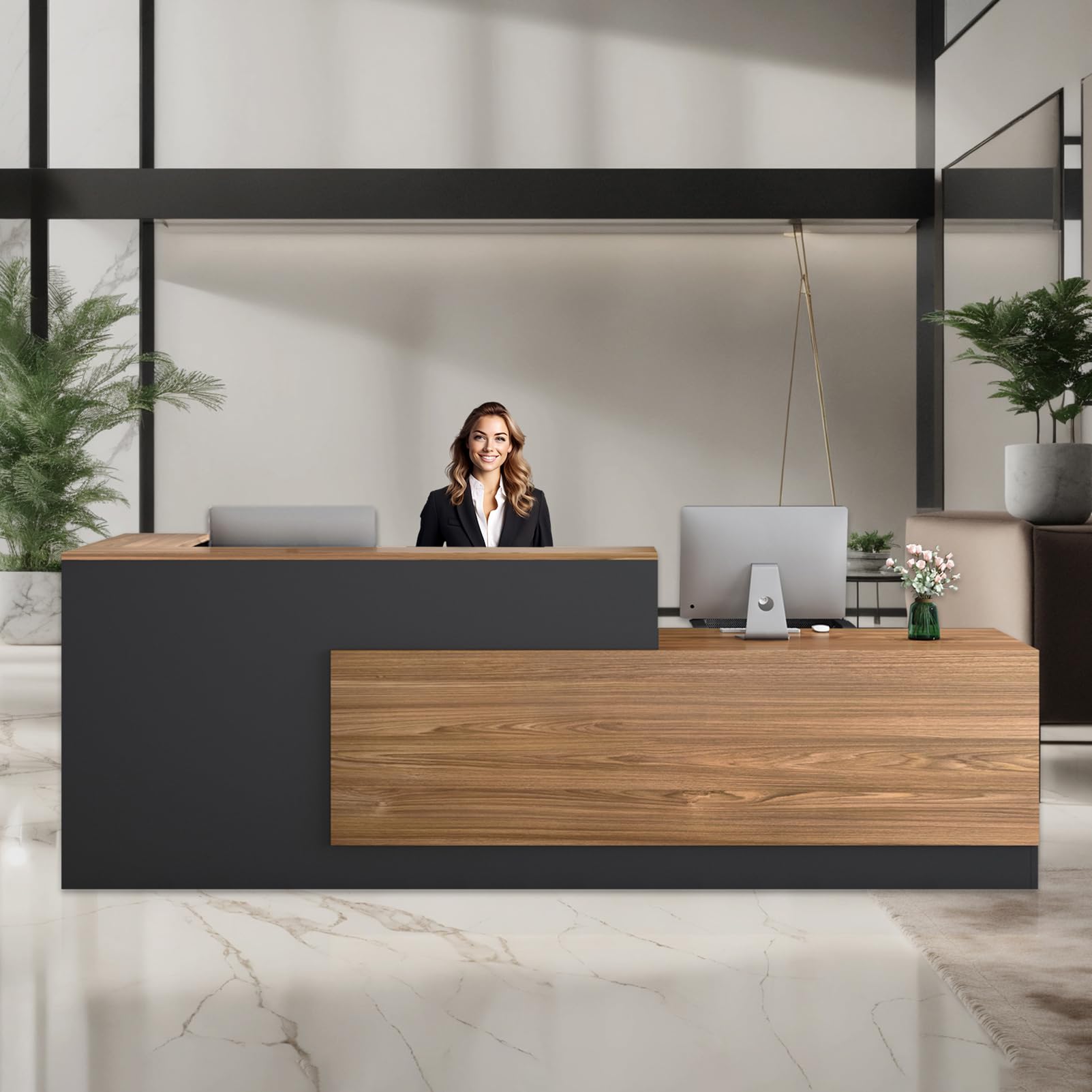 Modern L-Shaped Reception Desk - Large Wooden Commercial Receptionist Desk with Counter, Lockable Drawers & Storage Cabinet - Right Facing Office Front Desk (70.87