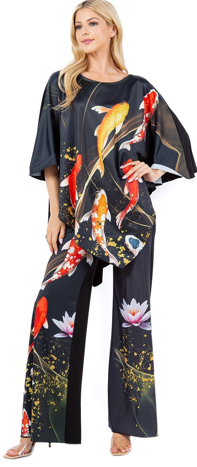 Stylish Koi Fish Print Palazzo Pants Set - Comfortable & Trendy Loungewear for Women | Perfect for Yoga, Travel, and Casual Wear