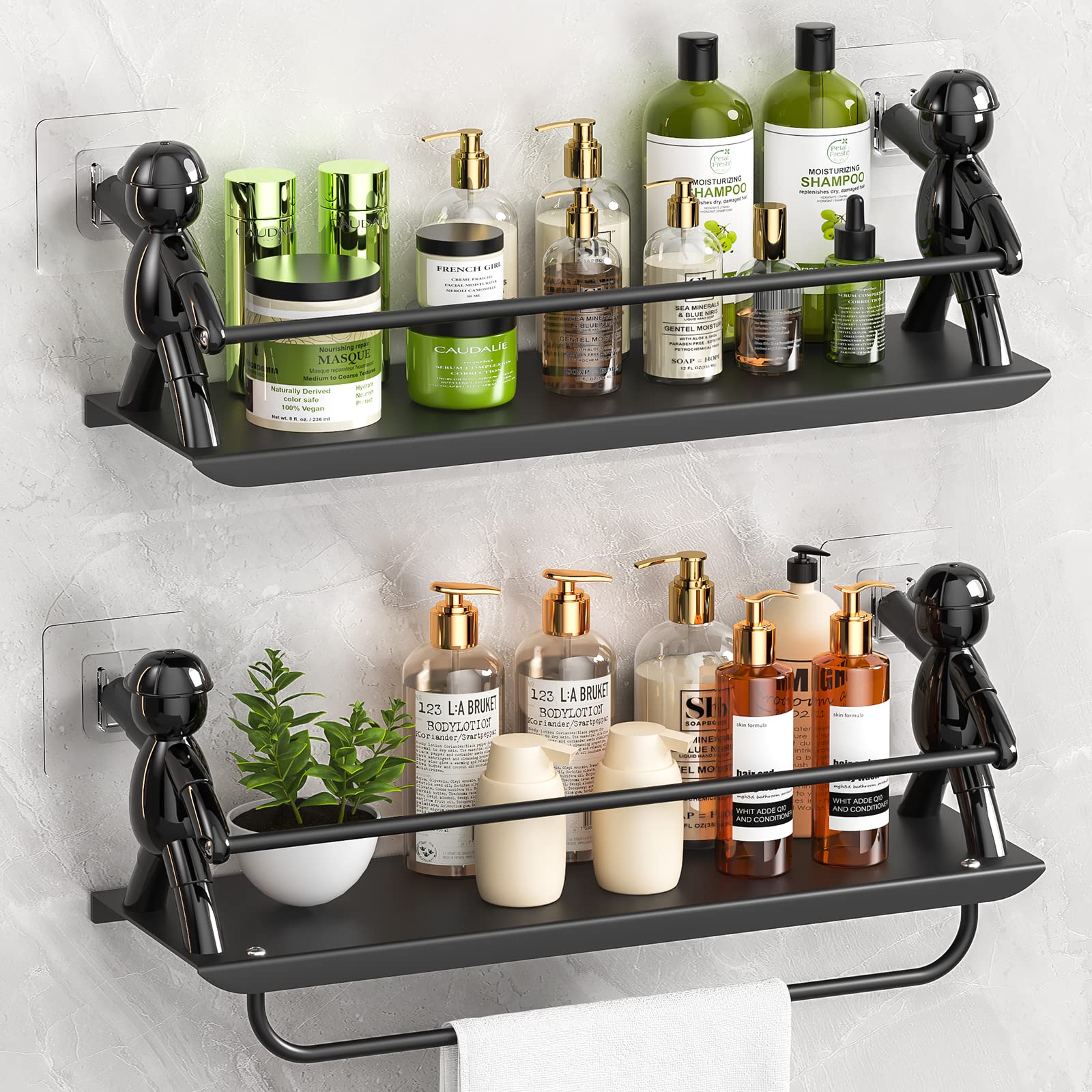 DUSASA No Drill Adhesive Shower Caddy Organizer with Towel Rack - 2 Pack Bathroom Storage Shelf for Shower, Toilet, Kitchen & More - Perfect for Small Spaces & Clutter-Free Organization (Black)