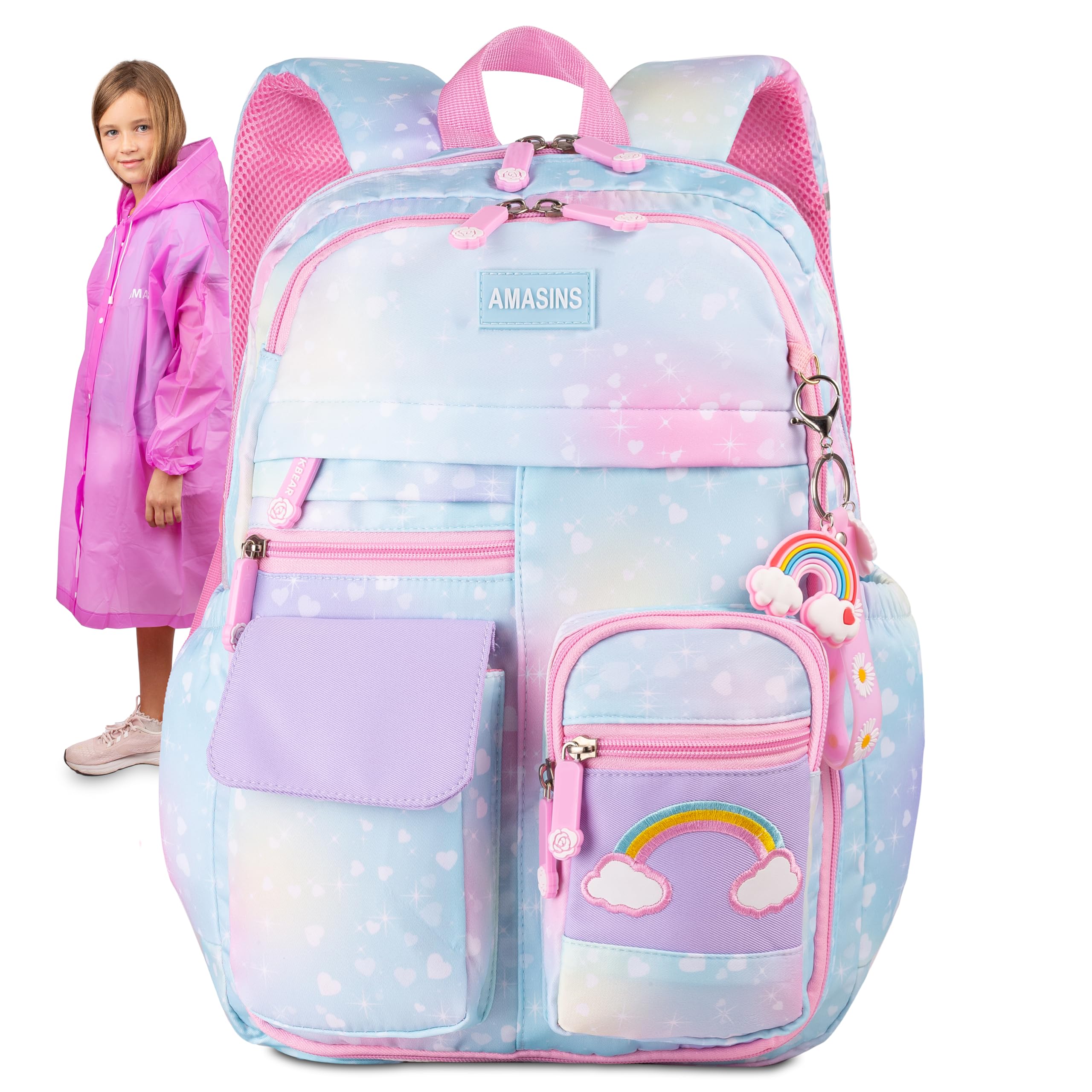 Waterproof Girls Backpack Set with Raincoat & Pencil Case for School Travel