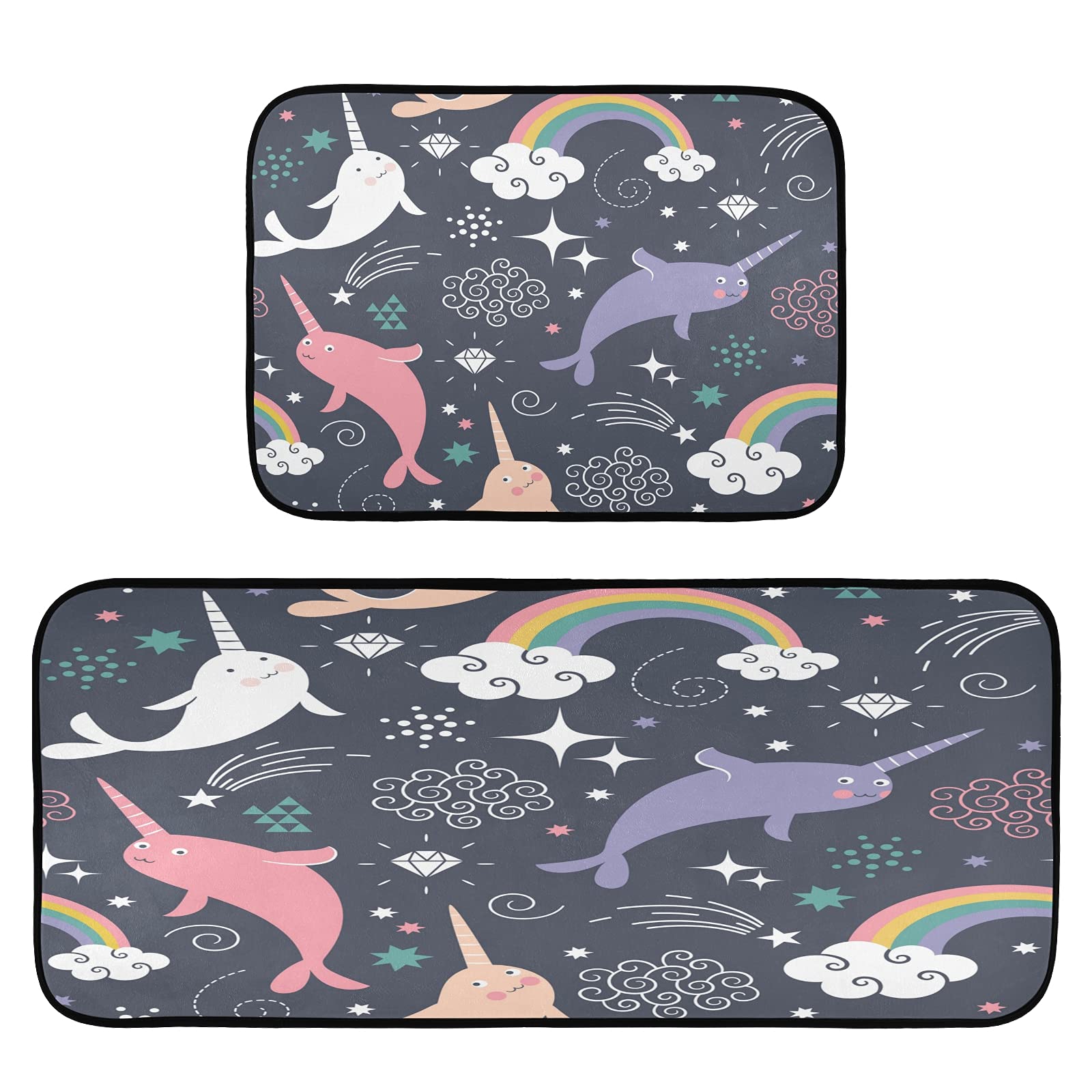 2-Piece Non-Slip Kitchen Rugs Set with Narwhal Design - Anti-Skid Bathroom & Doorway Mats (19.7