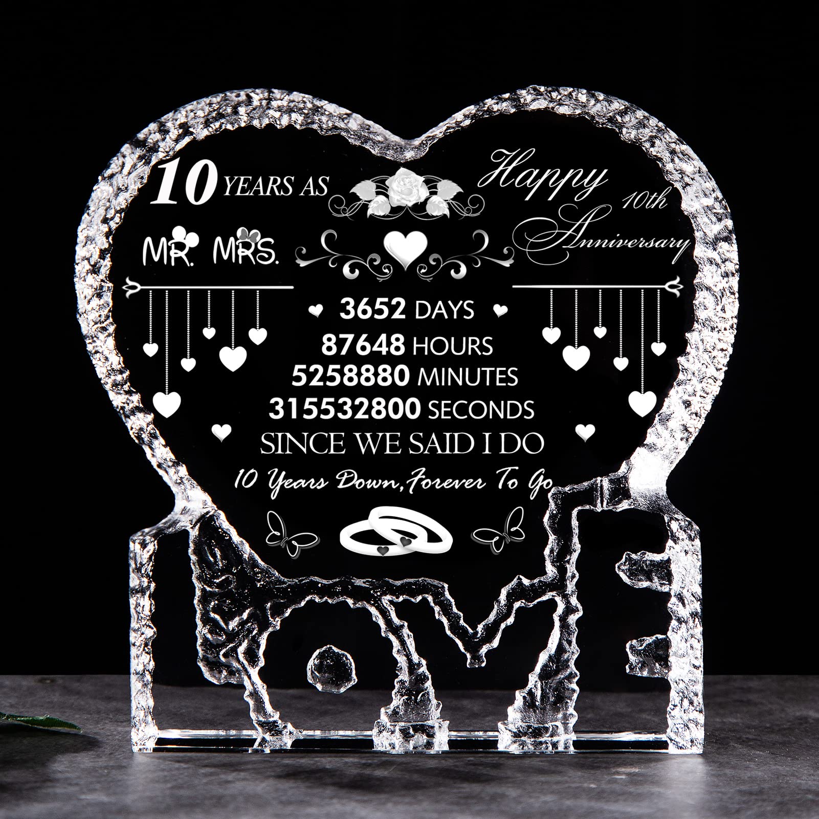 10th Anniversary Gifts for Couples - Engraved Crystal Heart Paperweight - Unique Keepsake for Husband & Wife - 10 Years as Mr & Mrs Wedding Gift - Perfect for Anniversaries, Romantic Occasions & Home Decor