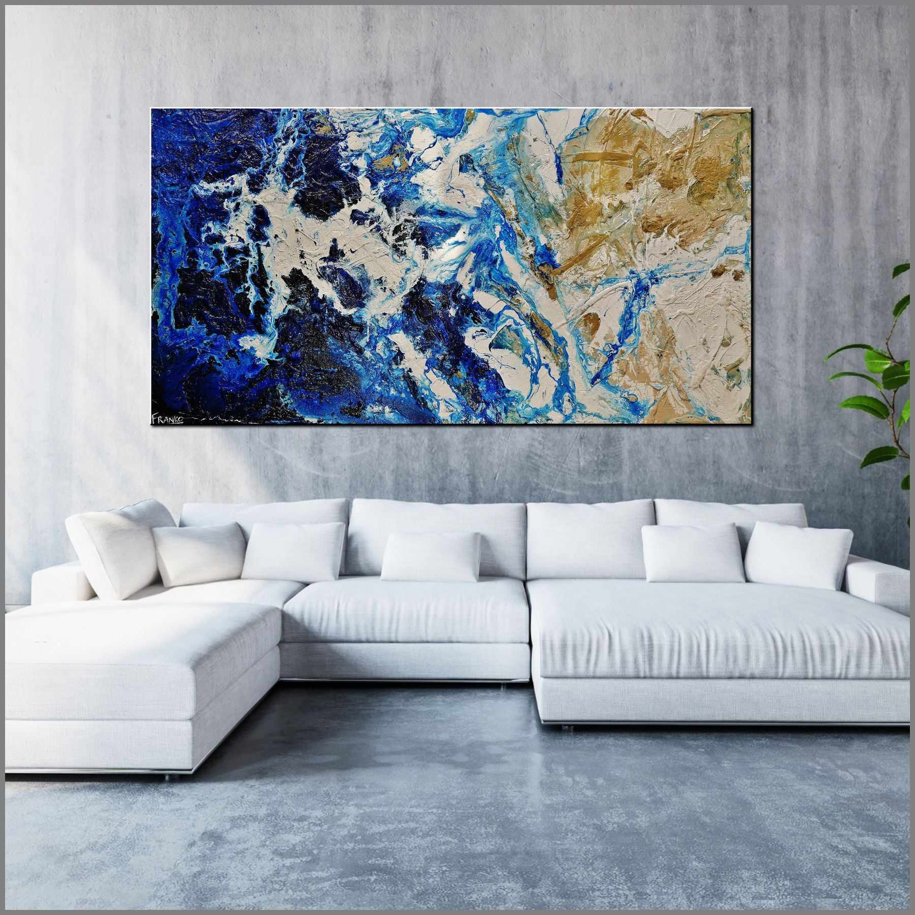 Inked Atoll 190cm x 100cm Cream Blue Textured Abstract Canvas Art Painting - Modern Wall Decor for Living Room, Bedroom, Office