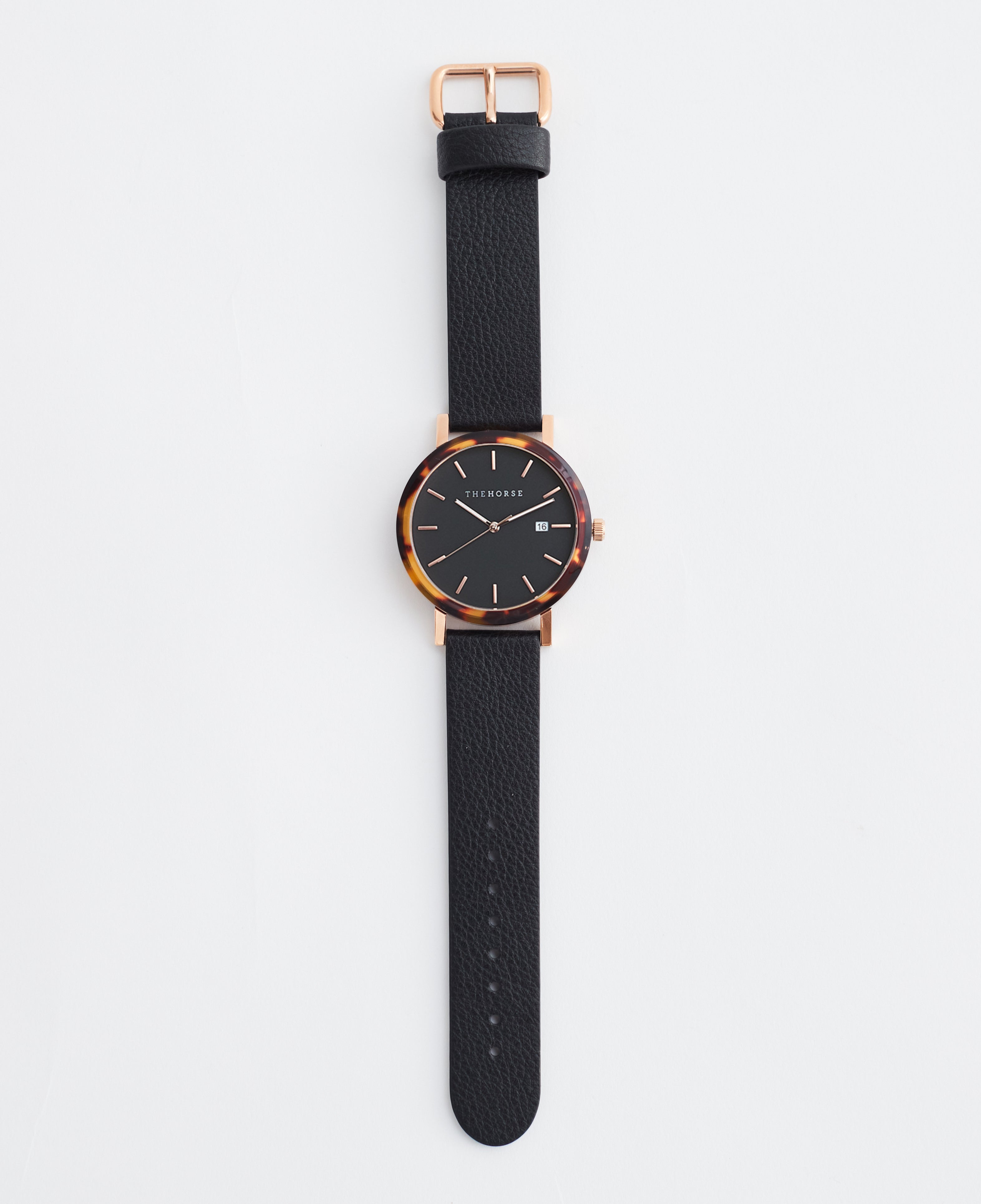 Brown Tortoise Resin Watch with Black Rose Gold Dial & Black Leather Strap - Stylish Unisex Timepiece for Casual Wear, Office & Special Occasions