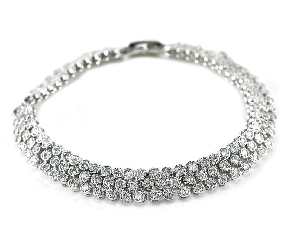 Elegant Davia Three Row Crystal Bezel Bridal Bracelet for Wedding, Bridal Shower & Special Occasions | Sparkling Rhinestone Jewelry Gift for Bride