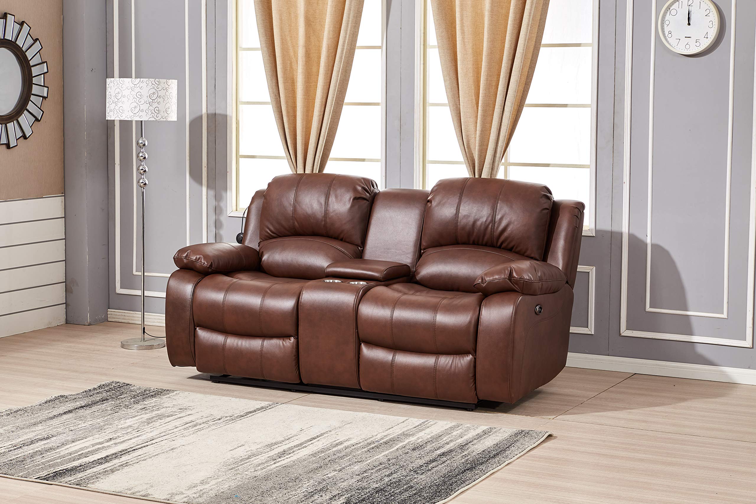Betsy Furniture Power Reclining Bonded Leather Living Room Loveseat Set - Brown Leather Recliner Sofa for Living Room, Home Theater & Family Room Comfort