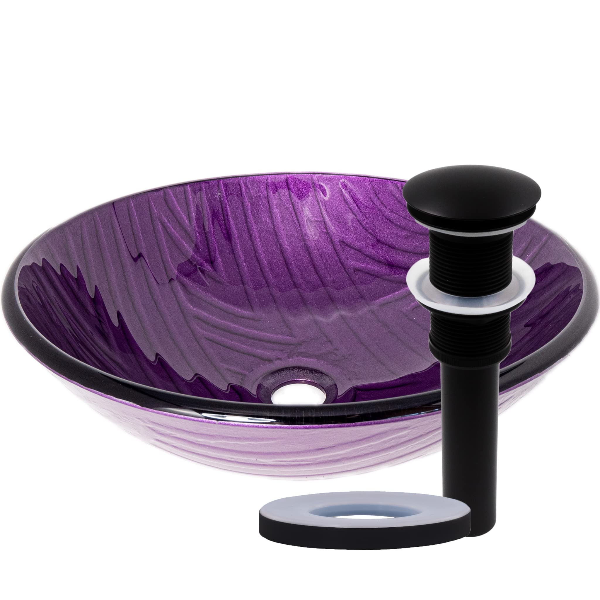 Novatto Purple Painted Glass Vessel Bathroom Sink Set with Matte Black Finish - Modern Vanity Basin for Powder Room, Guest Bath & Master Bath Decor