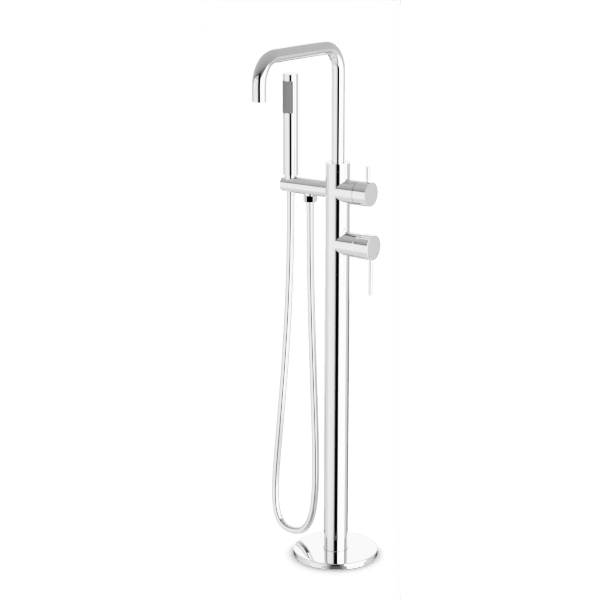 Round Floor Mount Tub Filler Trim Kit with Low Spout & Handheld Shower - Perfect for Modern Bathroom Renovations and Spa-Like Shower Experiences