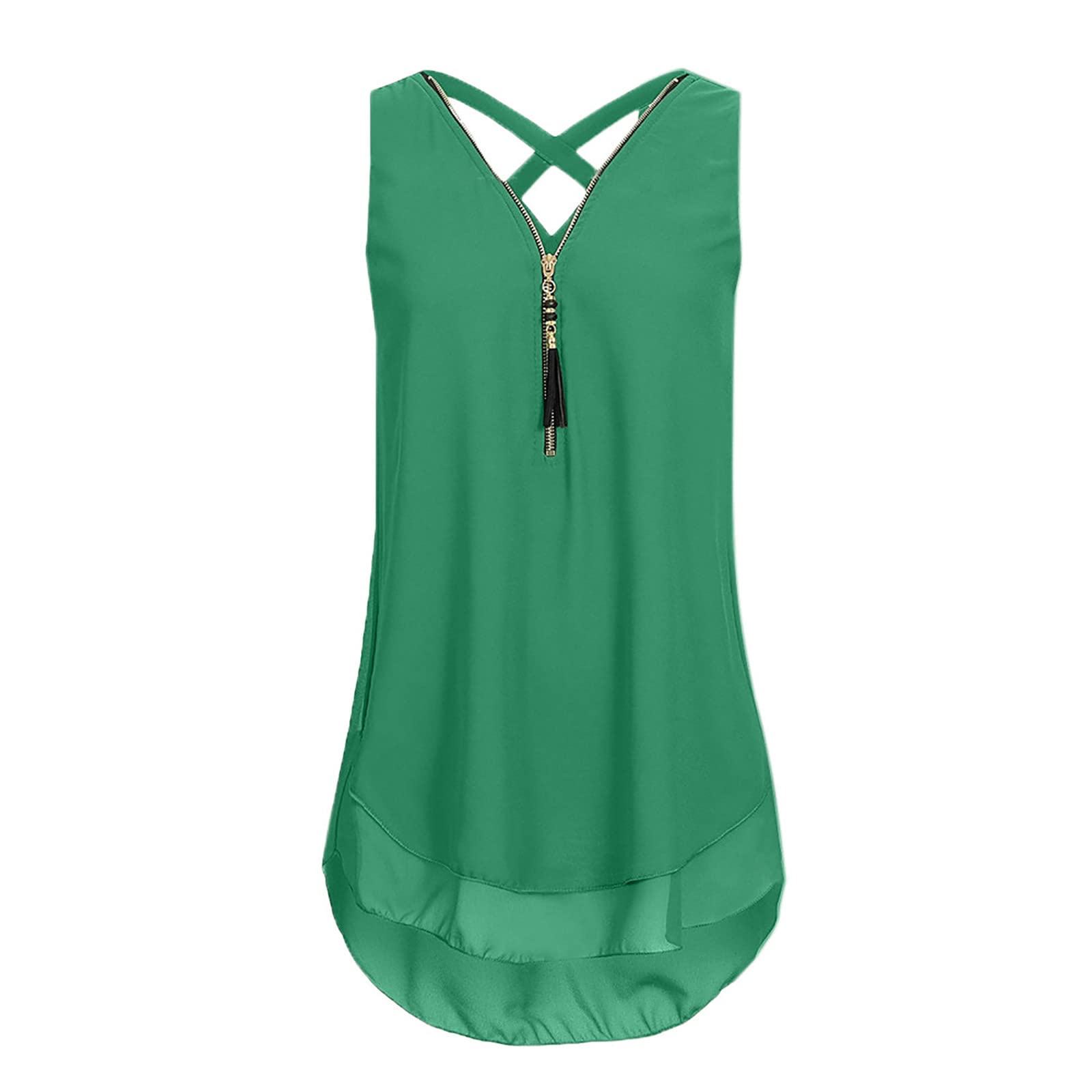 Women's Loose Sleeveless Tank Top - Cross Back Design with Layered Hem & V-Neck Zipper Detail | Casual Summer Tops for Beach, Yoga & Everyday Wear