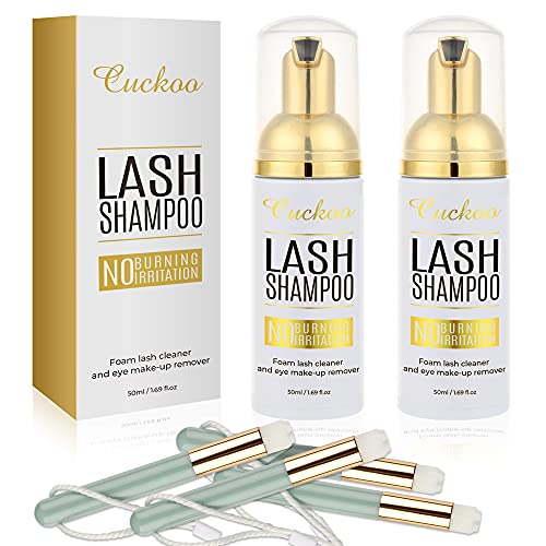 Cuckoo Lash Foam Shampoo - Eyelash Extension Cleanser 50ml (2 Bottles) with 4 Brush Kit | Gentle Eyelid Foaming Cleanser & Mascara Remover for Sensitive Skin | Perfect for Home & Salon Use | Daily Lash Care & Makeup Removal Solution