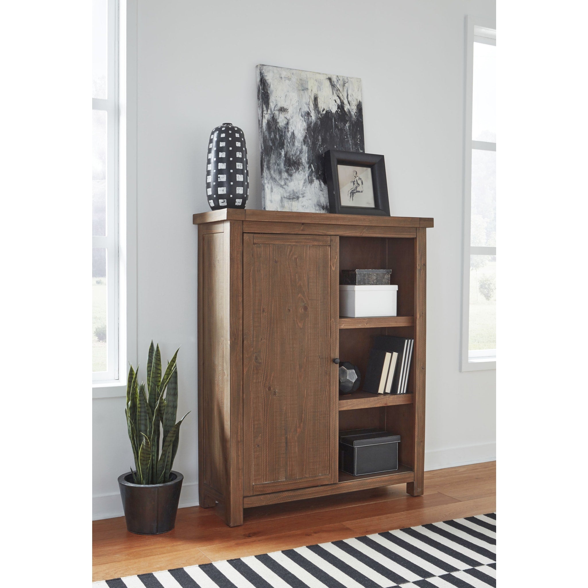 Flint Oak Autumn Sliding Door Bookcase - Modern Rustic Bookshelf for Living Room, Bedroom & Home Office Storage