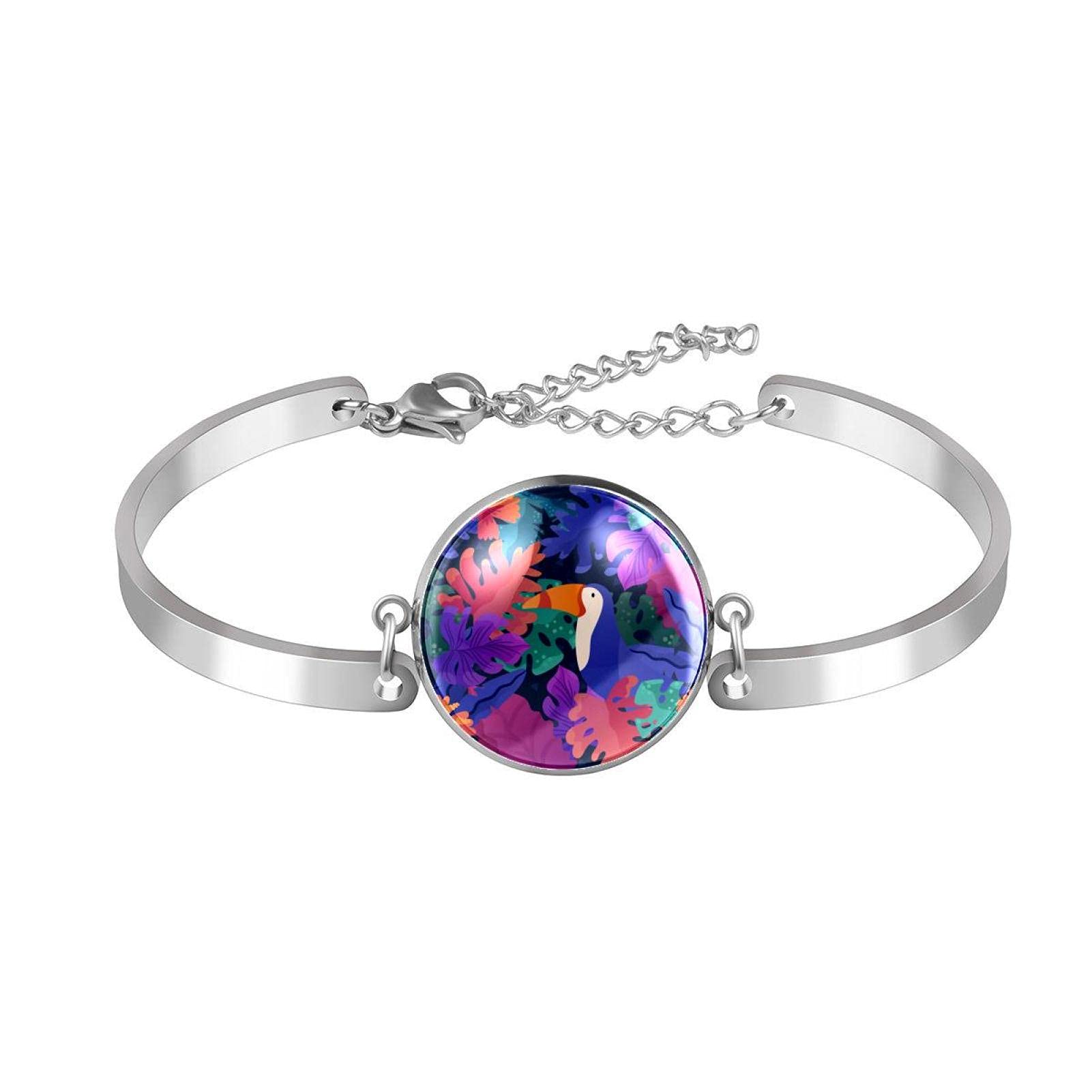 Adjustable Bangle Bracelet with Tropical Leaf & Parrot Design - Stylish Boho Jewelry for Women, Perfect for Beach Parties & Summer Outfits
