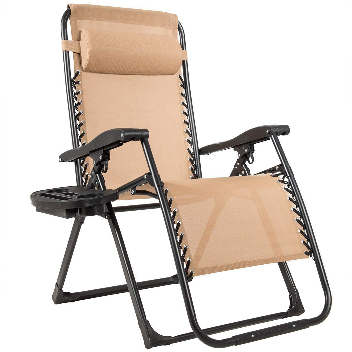 Goplus Oversized Zero Gravity Chair - Extra Large Outdoor Lounge Recliner with Adjustable Headrest & Cup Holder, Heavy Duty Folding Patio Chair for Poolside, Beach, Backyard, Deck (Beige) - Perfect for Relaxing, Sunbathing and Outdoor Lounging