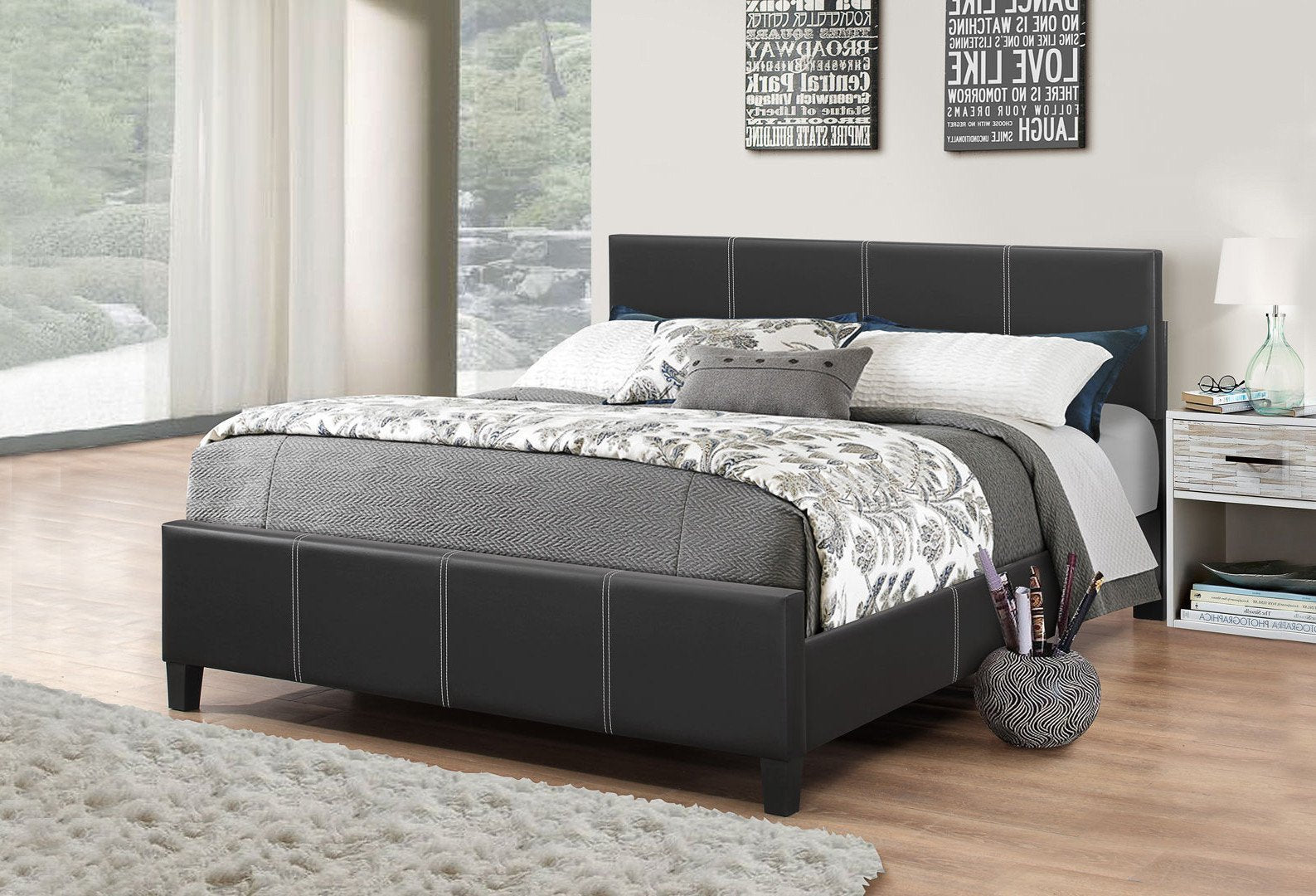 Black Leatherette Platform Bed Frame with Adjustable Headboard - Queen Size Modern Bedroom Furniture for Small Spaces & Guest Rooms