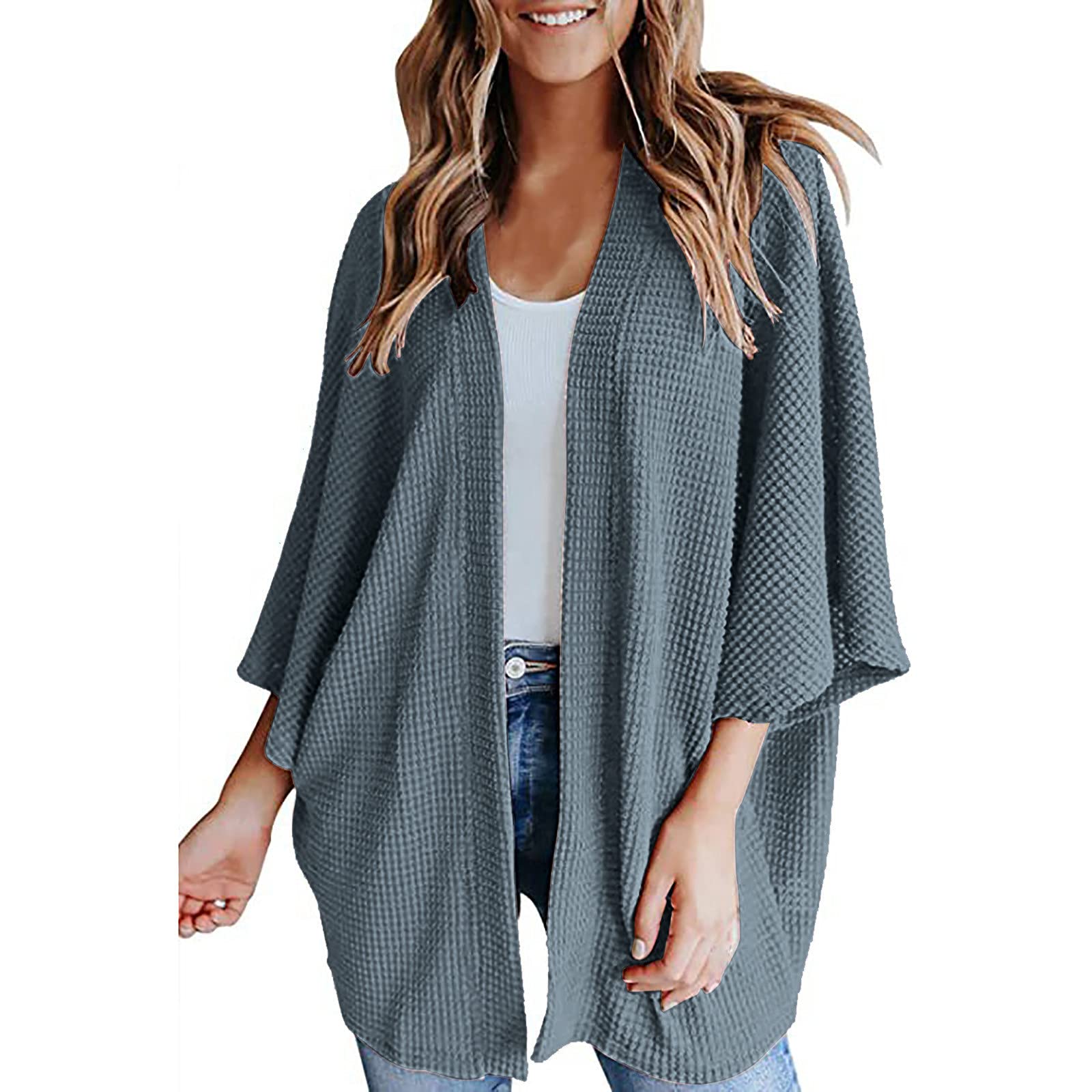 Women's Open Front Waffle Knit Kimono Cardigan - Soft Batwing Sleeve Solid Blue Sweater | Lightweight Loungewear for Home, Office & Casual Outings