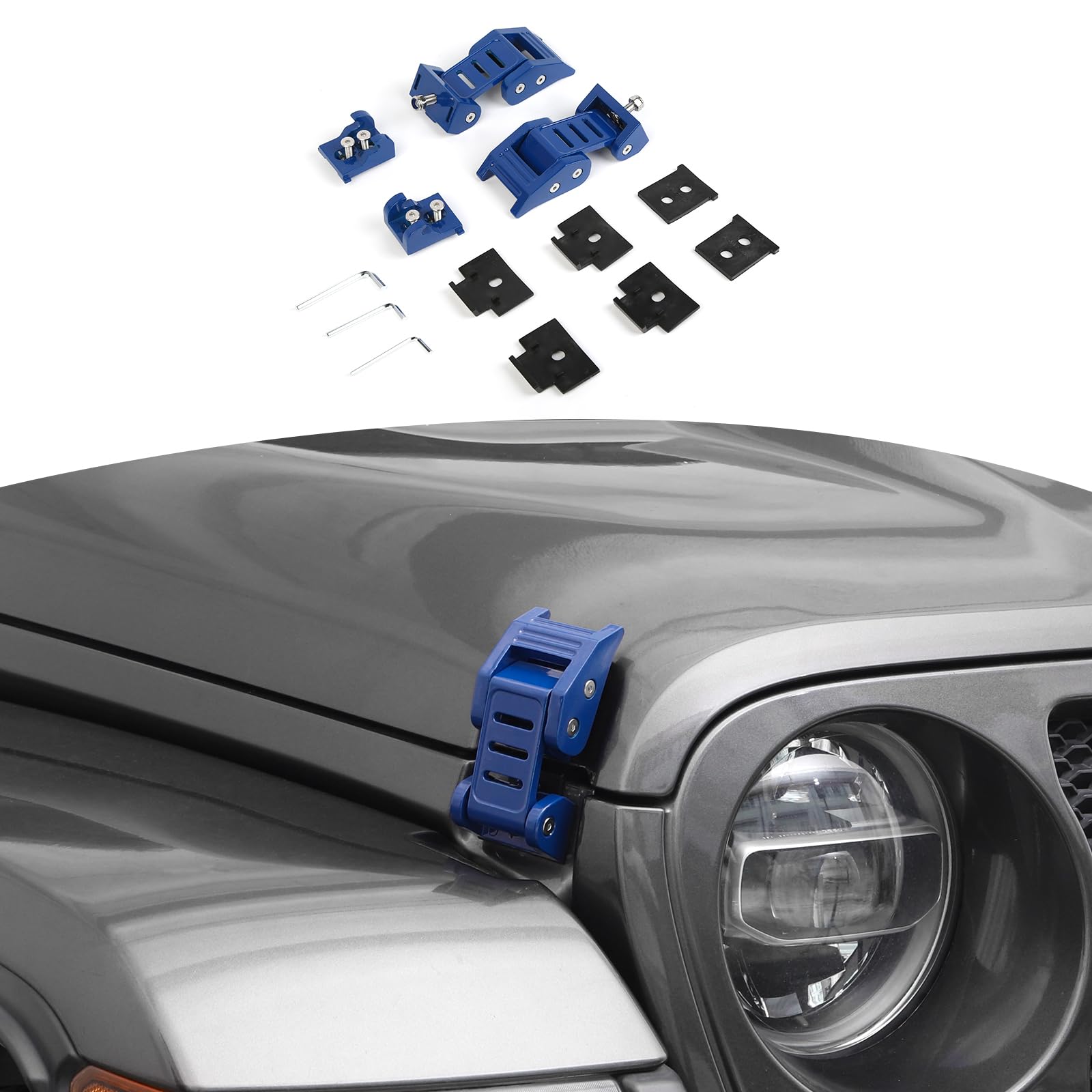 RT-TCZ Hood Latches Catch Kit for Jeep Wrangler JK JL & Gladiator JT (2018-2024) - Blue Off-Road Accessories - 2pc 3-Stripes Design - Durable Exterior Upgrade for Trail & Daily Driving