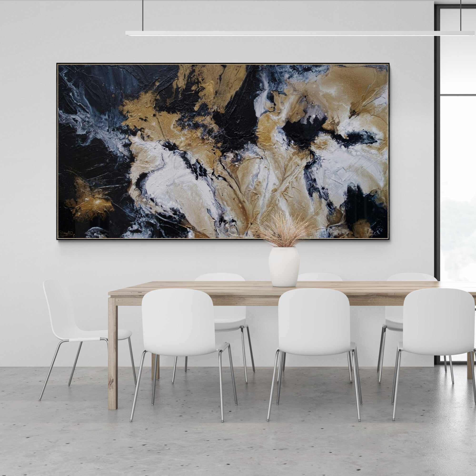 190cm x 100cm Black Gold White Textured Abstract Canvas Painting - Modern Wall Art for Living Room, Bedroom & Office Decor - Golden Saturation Design