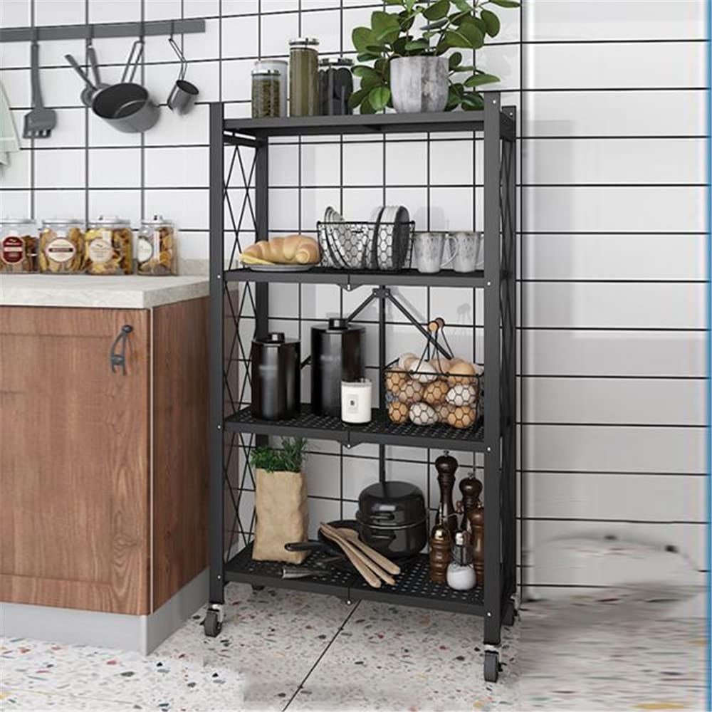 4-Tier Heavy Duty Metal Storage Shelf with Wheels - Foldable Freestanding Shelving Unit for Kitchen, Pantry, Closet & Garage - Black (24