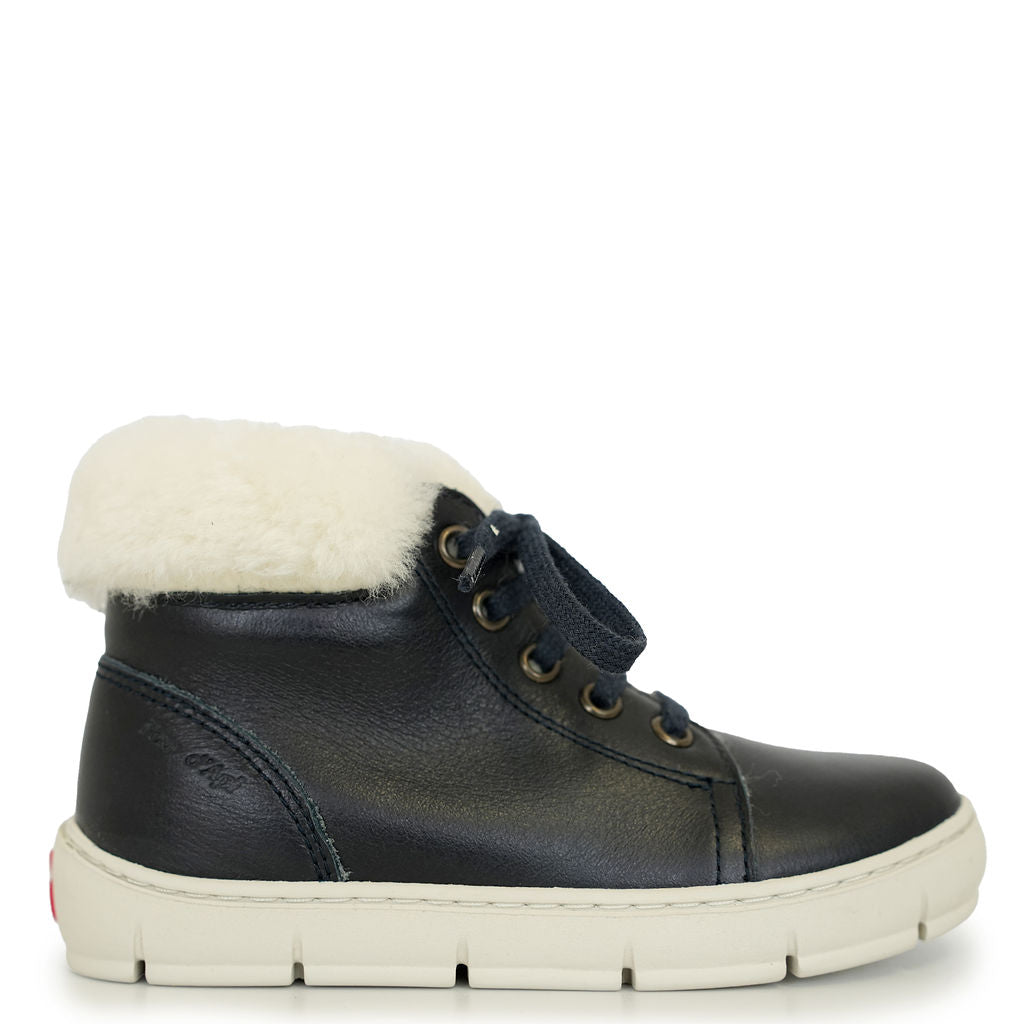 Pom D'Api Navy Fur Mid Top Sneakers for Kids - Stylish & Comfortable Winter Shoes for Boys and Girls - Perfect for School, Playdates & Outdoor Activities