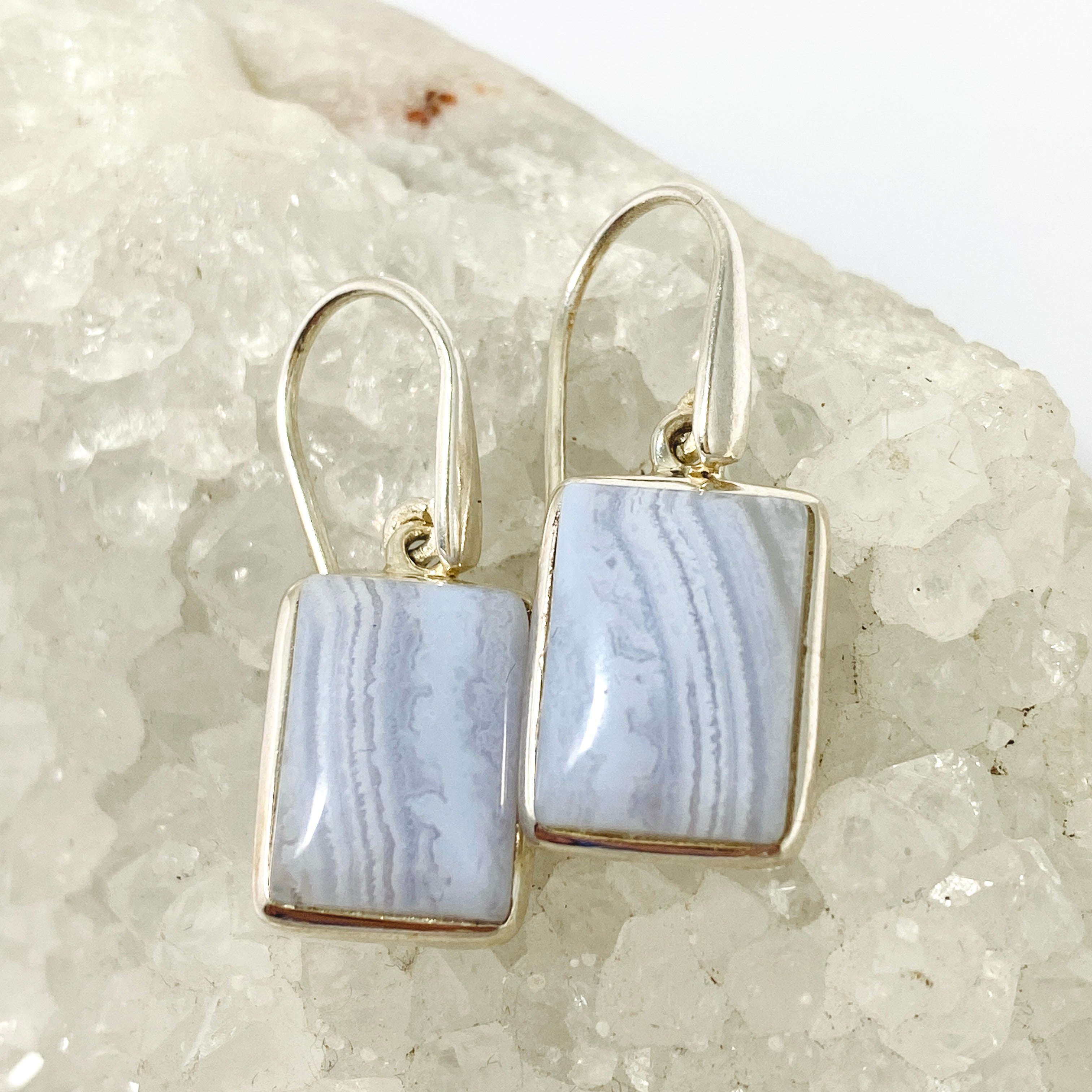 Blue Lace Agate Rectangular Cabochon Earrings - Handmade Sterling Silver Dangle Earrings for Women | Perfect for Weddings, Parties & Everyday Elegance