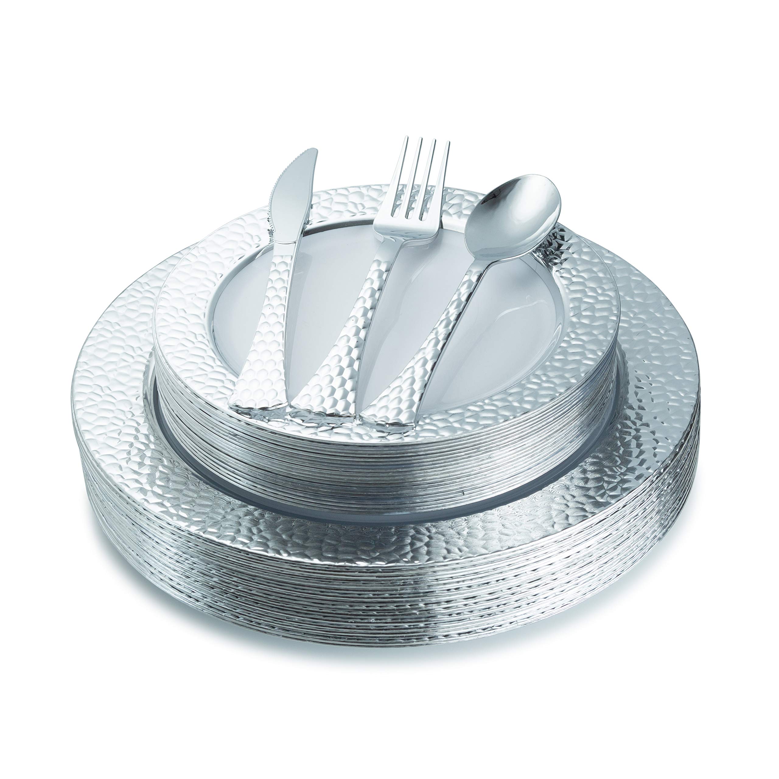 100-Piece Hammered White & Silver Disposable Plastic Dinnerware Set - Heavyweight 20-Person Service Includes Dinner Plates, Dessert Plates, Forks, Spoons & Knives - Perfect for Weddings, Parties, Catering & Events